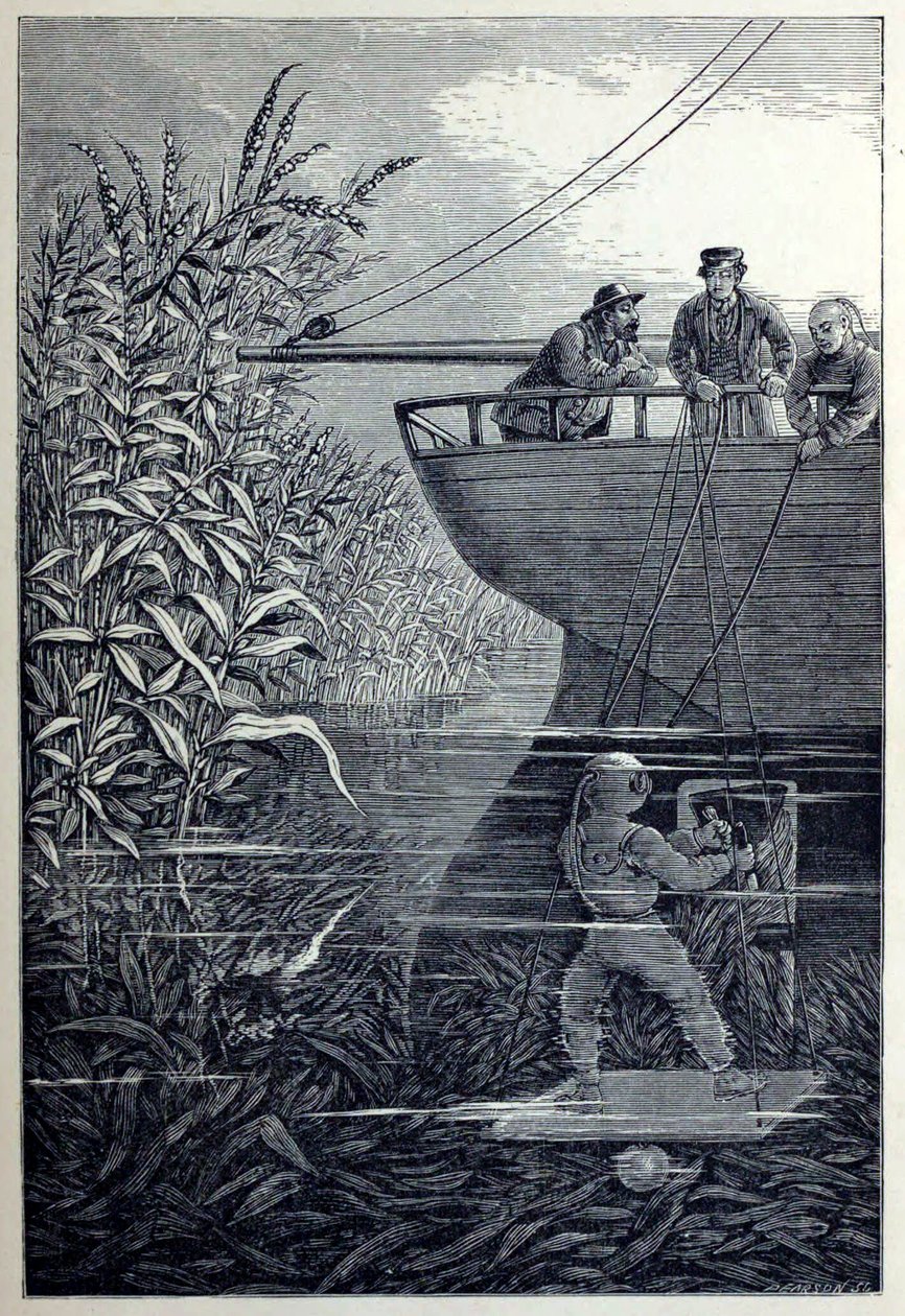 Ryd skruen, fra under bølgerne, eller dykning i dybt vand, pub. 1887. af English School