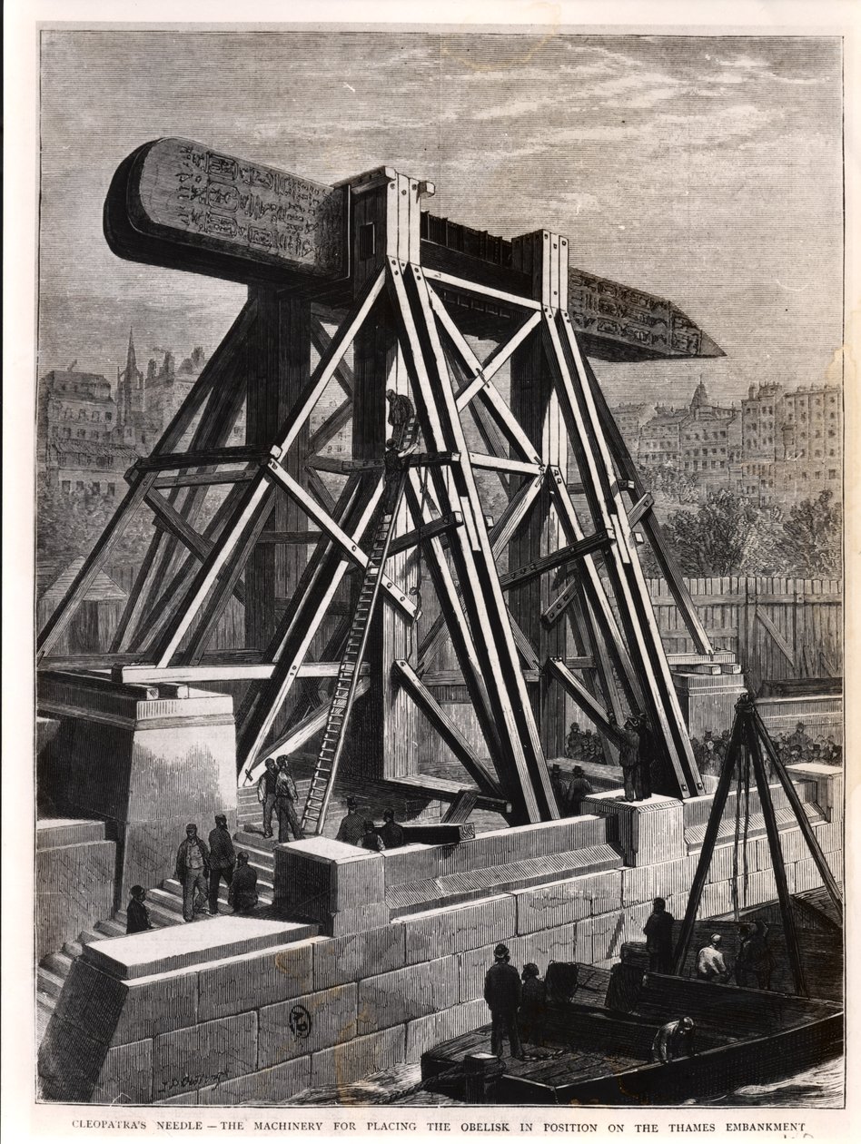Cleopatras Needle: Maskineriet til at placere obelisken på Themsen Embankment, 1878 af English School