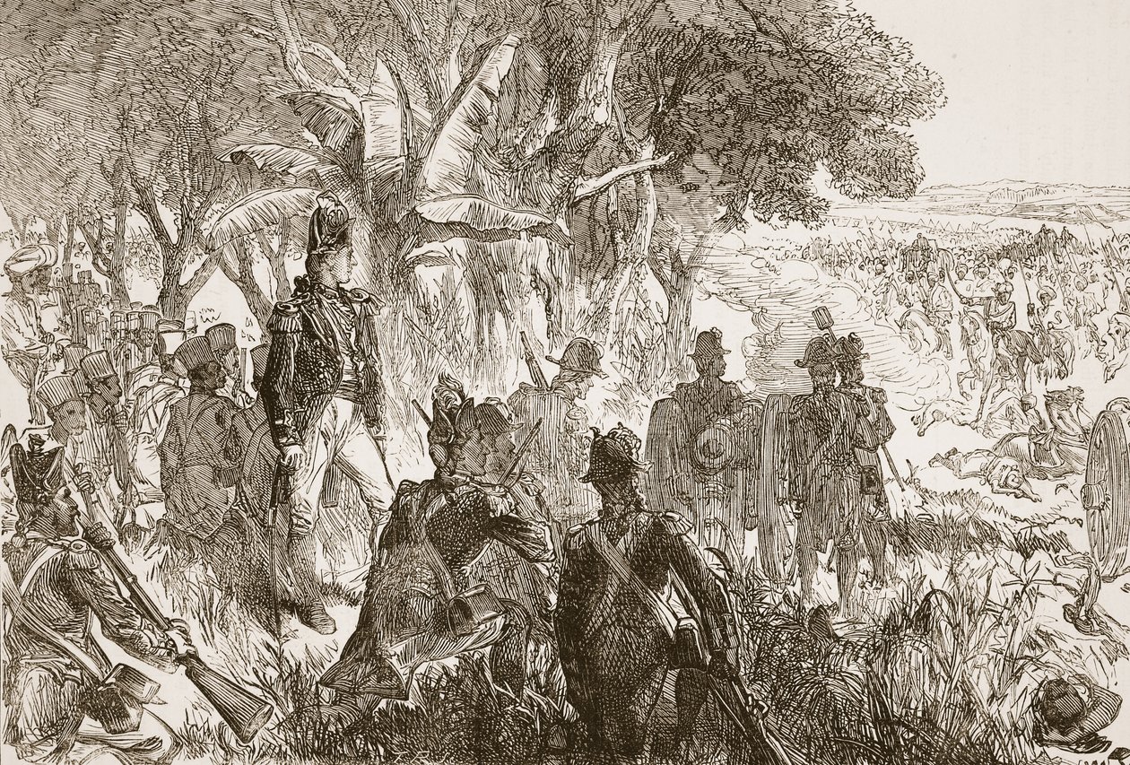 Clive at Plassey, illustration fra Cassells Illustrated History of India af James Grant, pub. 1879 af English School