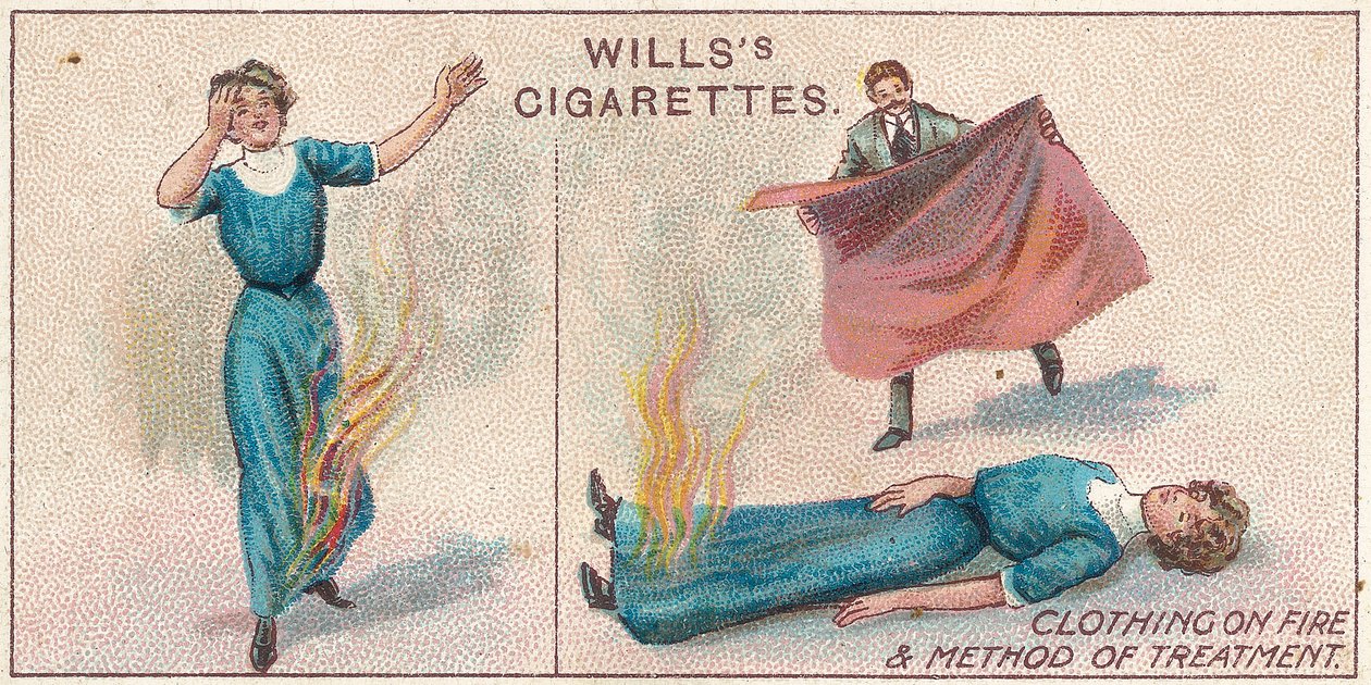 Clothing on Fire, nr.34 fra First Aid-serien af Willss Cigarette-kort, 1913 af English School