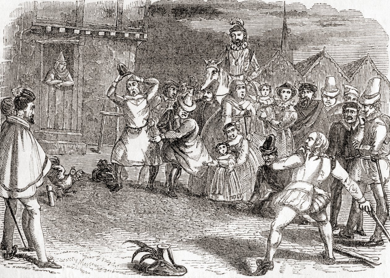 Hanekast, også kaldet cock-shying eller kaste efter haner, fra det gamle England: A Pictorial Museum, pub. 1847 af English School