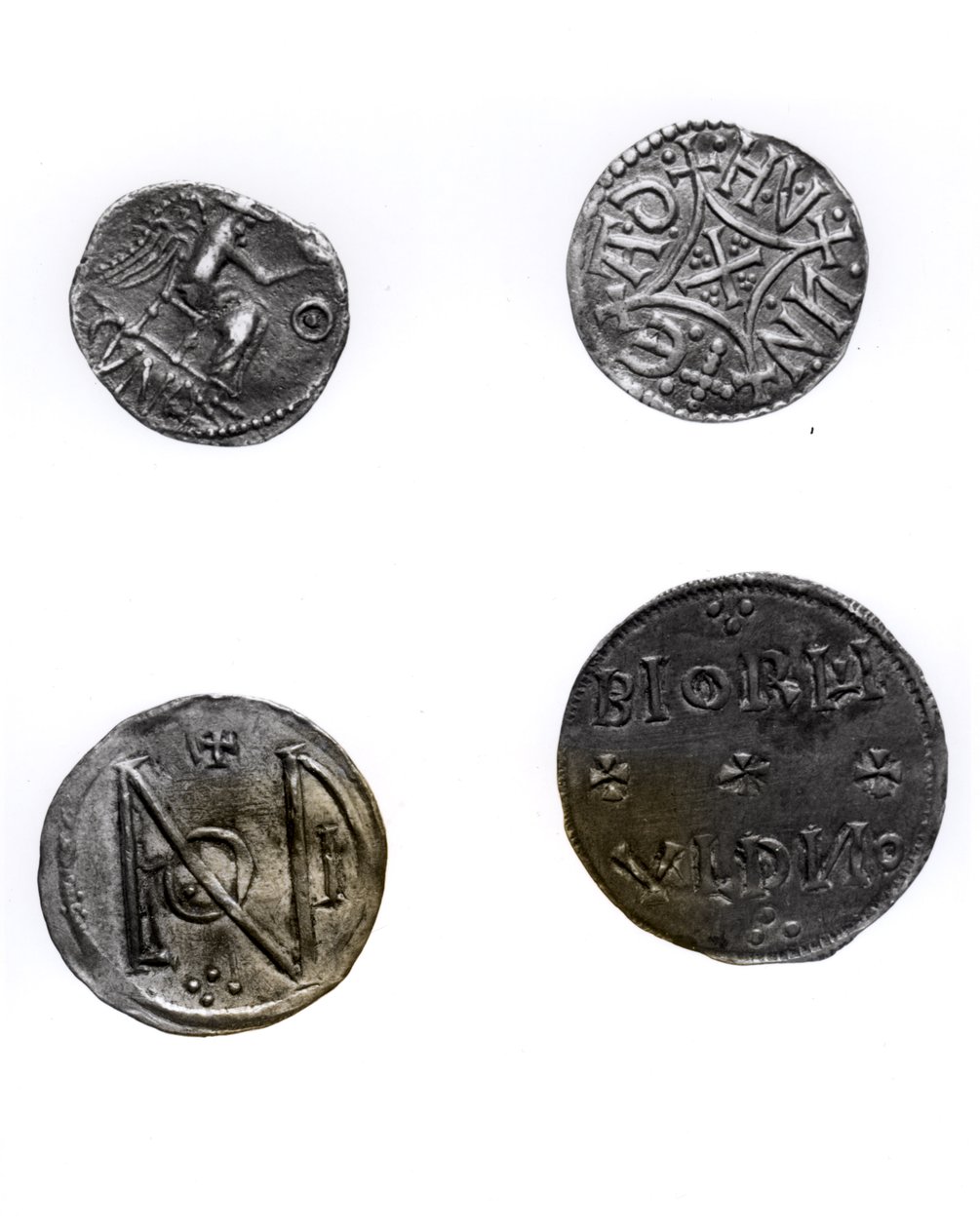 Mønter af Cunobelinus eller Cymbeline (d.43 AD), Offa, konge af Mercia (757-96 AD) og Alfred (871-99 AD) og Edward den Ældre (871-924 AD) (sølv) af English School