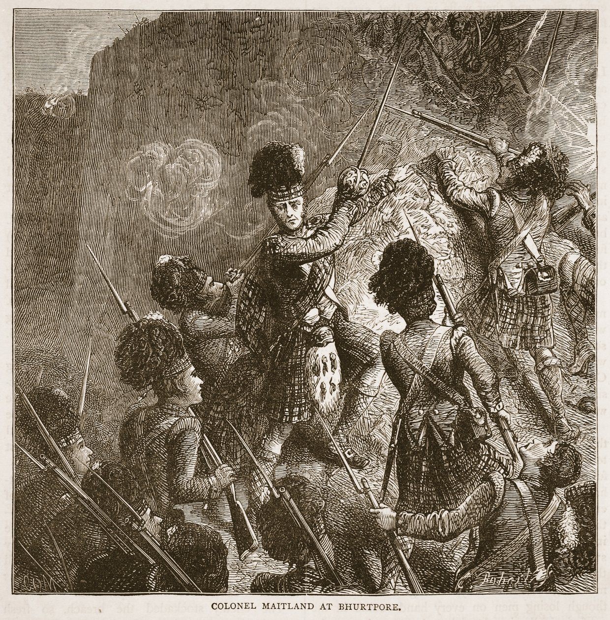 Oberst Maitland i Bhurtpore, illustration fra Cassells Illustrated History of India af James Grant, pub. 1879 af English School