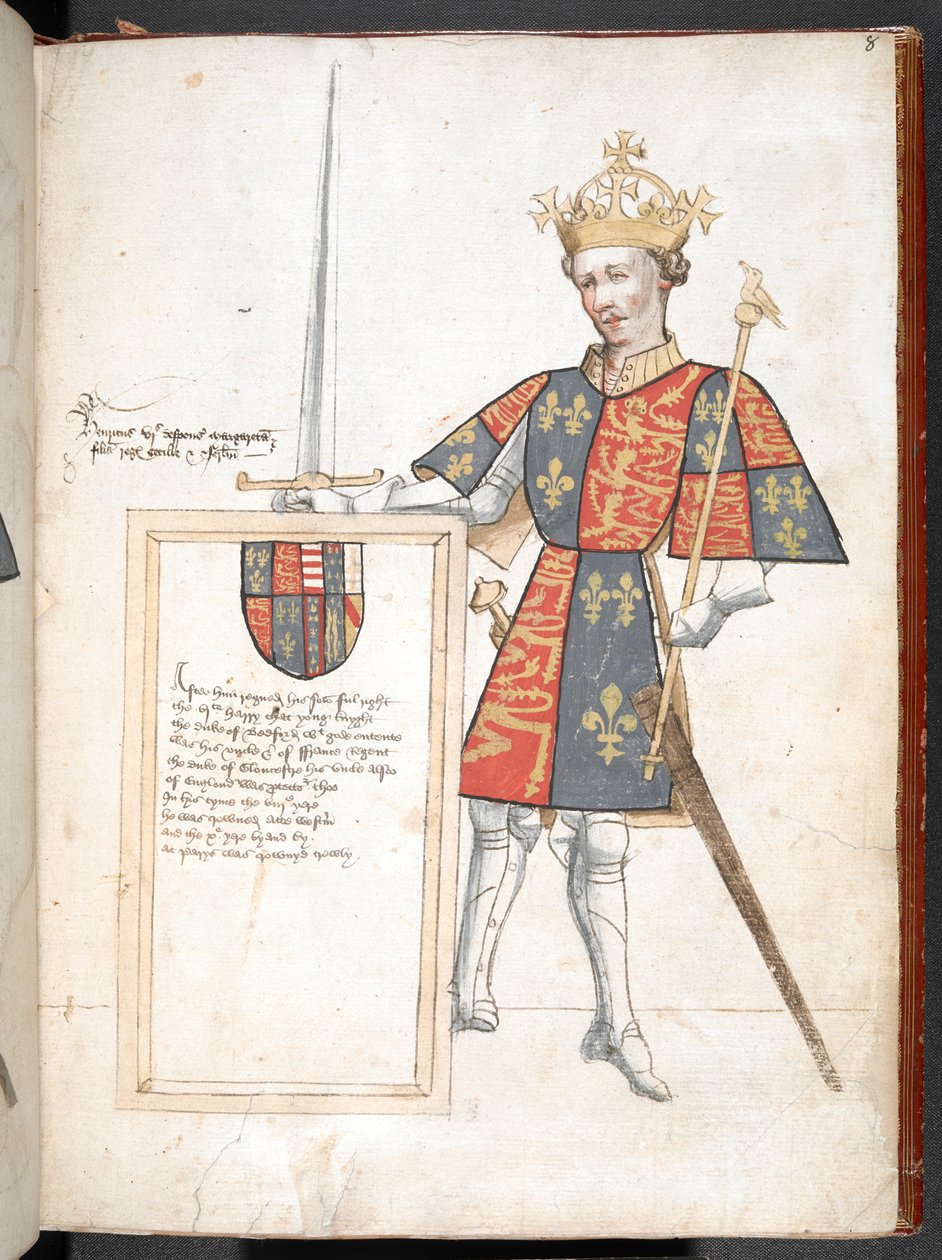 Farvet tegning af en engelsk konge i rustning og tabard (Henry VI), der præsenterer en plakette med vers, illustration fra 