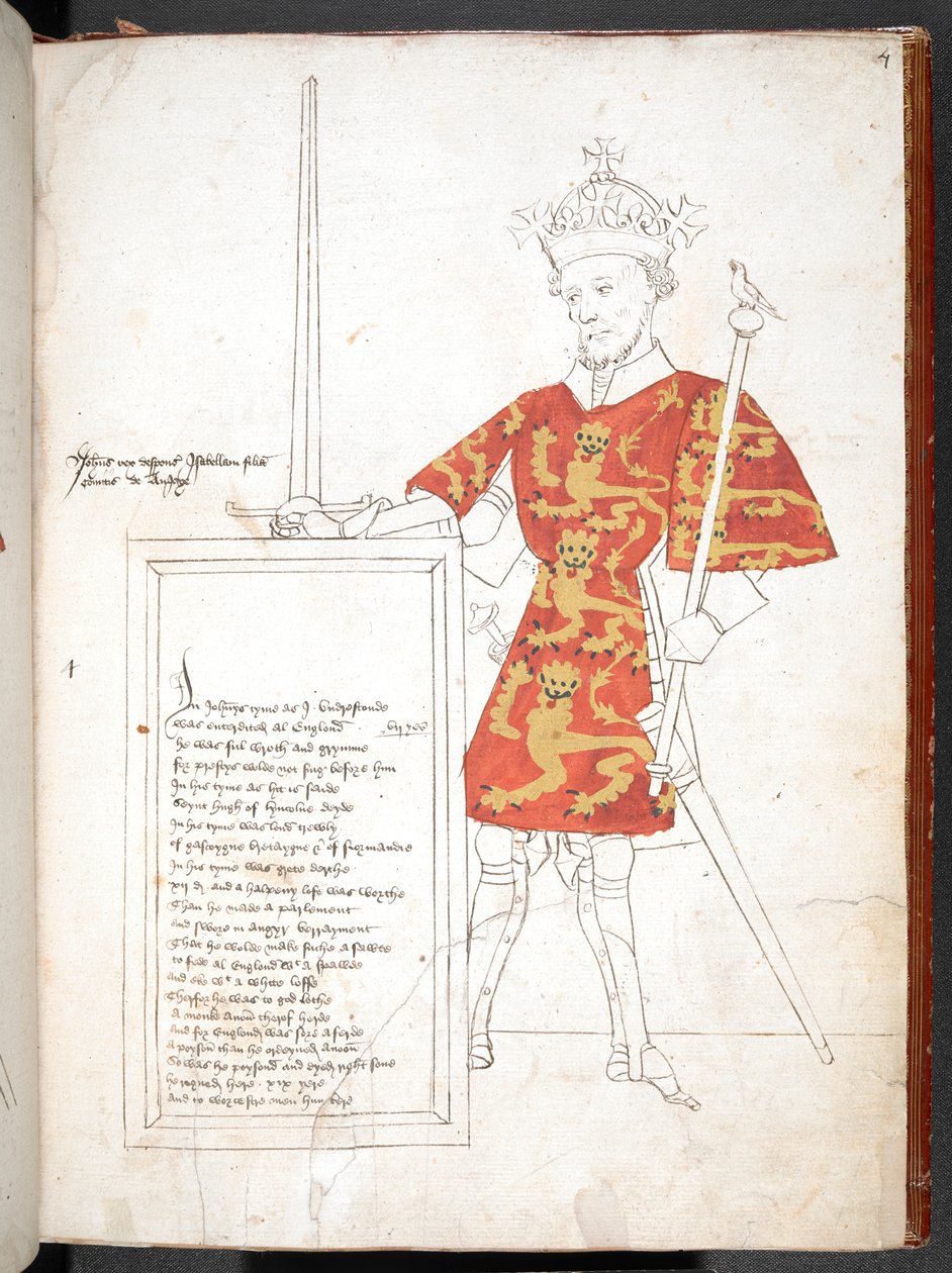 Koloreret tegning af en engelsk konge i rustning og fane (King John), der overrækker en plakette med vers. Uafsluttet. af English School