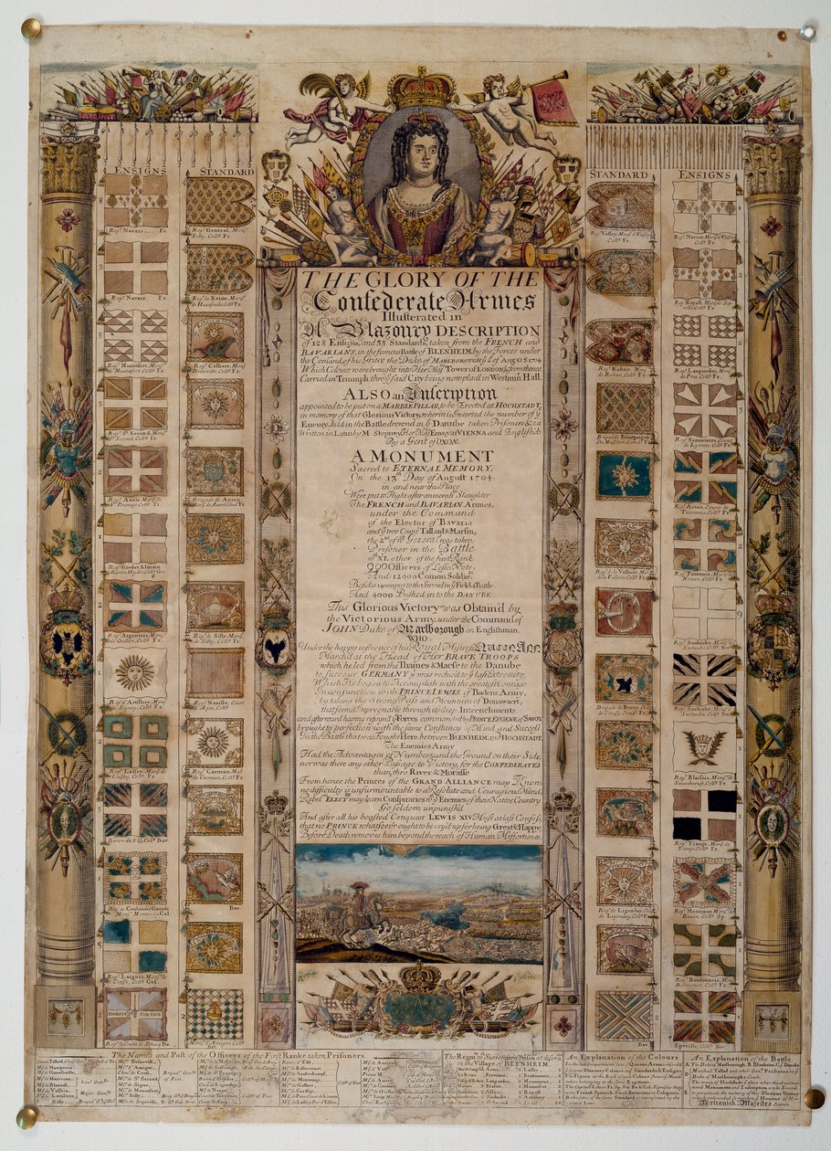 Mindekort, der viser standarder fanget fra franskmændene efter slaget ved Blenheim, ca. 1704 (farvet streggravering) af English School