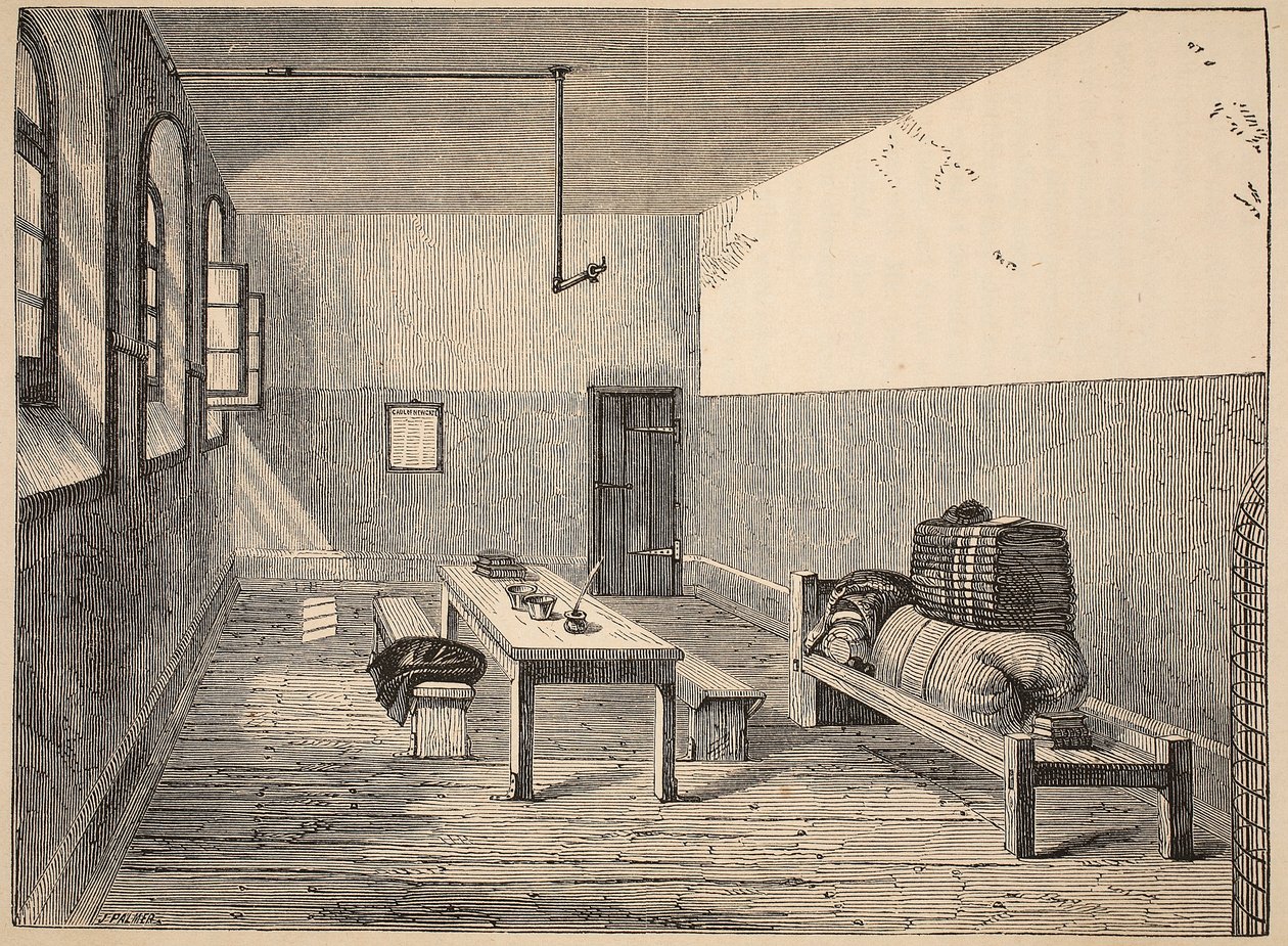 Condemned Cell, Newgate, illustration fra The Criminal Prisons of London og Scenes from Prison Life af Henry Mayhew og John Binny, pub. 1862 af English School