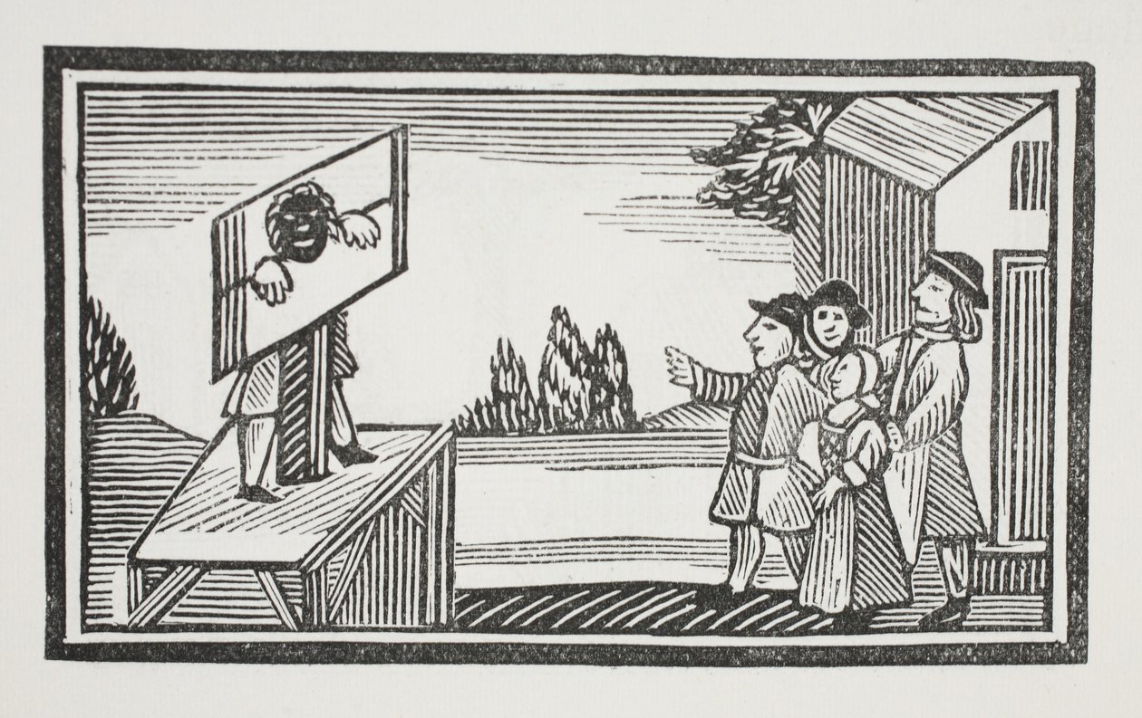 Dømt til at stå i en time eller mere i søjlen, illustration fra Chap-books of the Eighteenth Century af John Ashton, pub. 1882 af English School