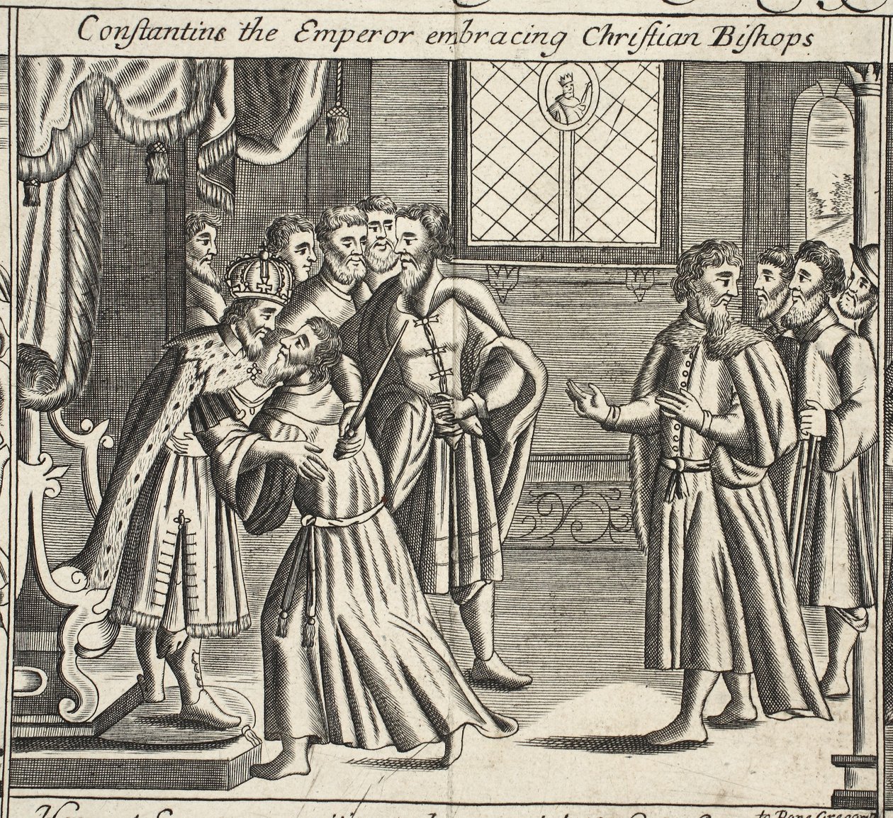 Kejseren Constantin omfavner kristne biskopper, illustration fra Acts and Monuments af John Foxe, niende udgave, pub. 1684 af English School