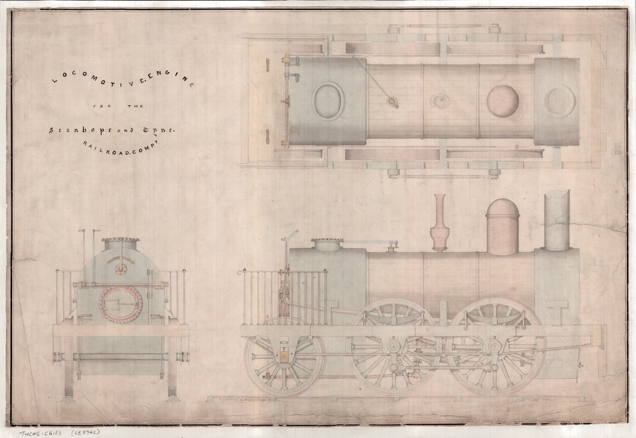 Construction drawing, 0-4-2 locomotive and tender by R. and W. Hawthorn and Co. for the Stanhope and Tyne Railway Codani af English School