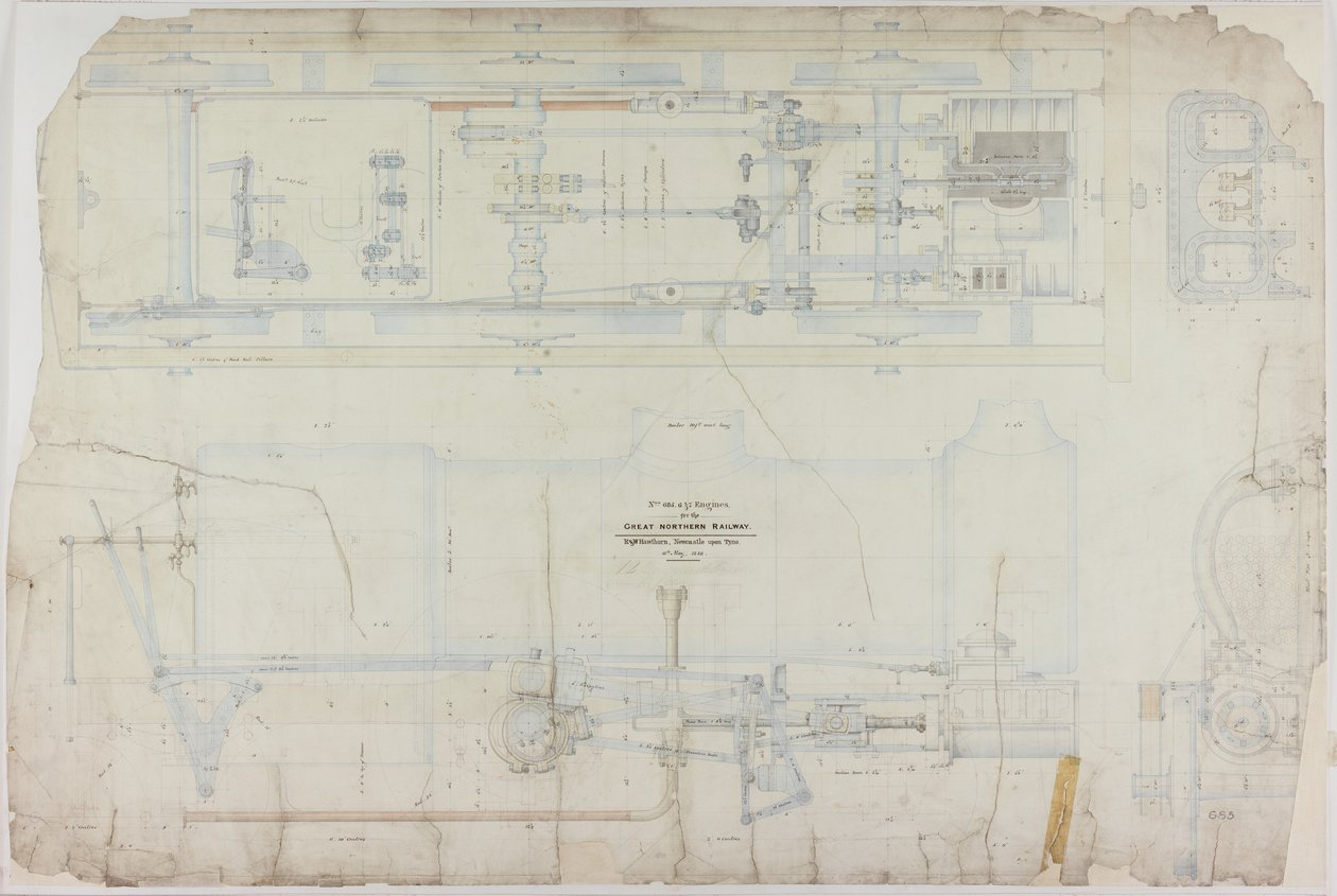 Konstruktionstegning for 2-2-2 lokomotivet af R. & W. Hawthorn & Co. for Great Northern Railway Co. af English School