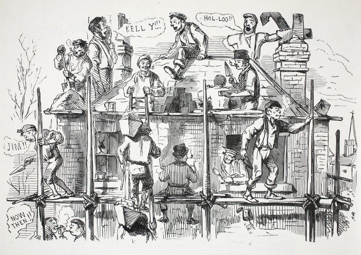 Bygningsarbejdere, illustration fra Punch af English School