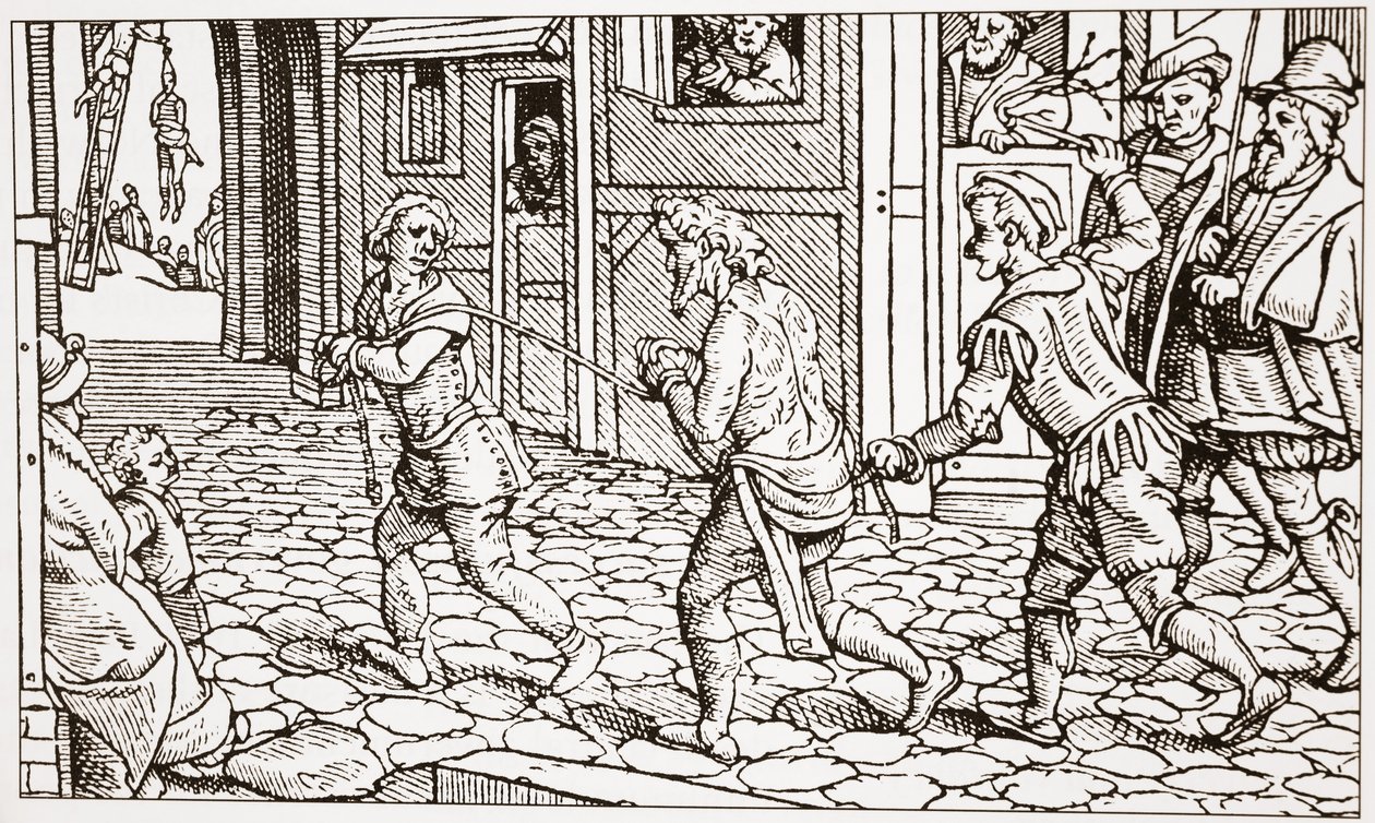Moderne træsnit, der viser en vagrant, der bliver pisket gennem en bys gader af English School