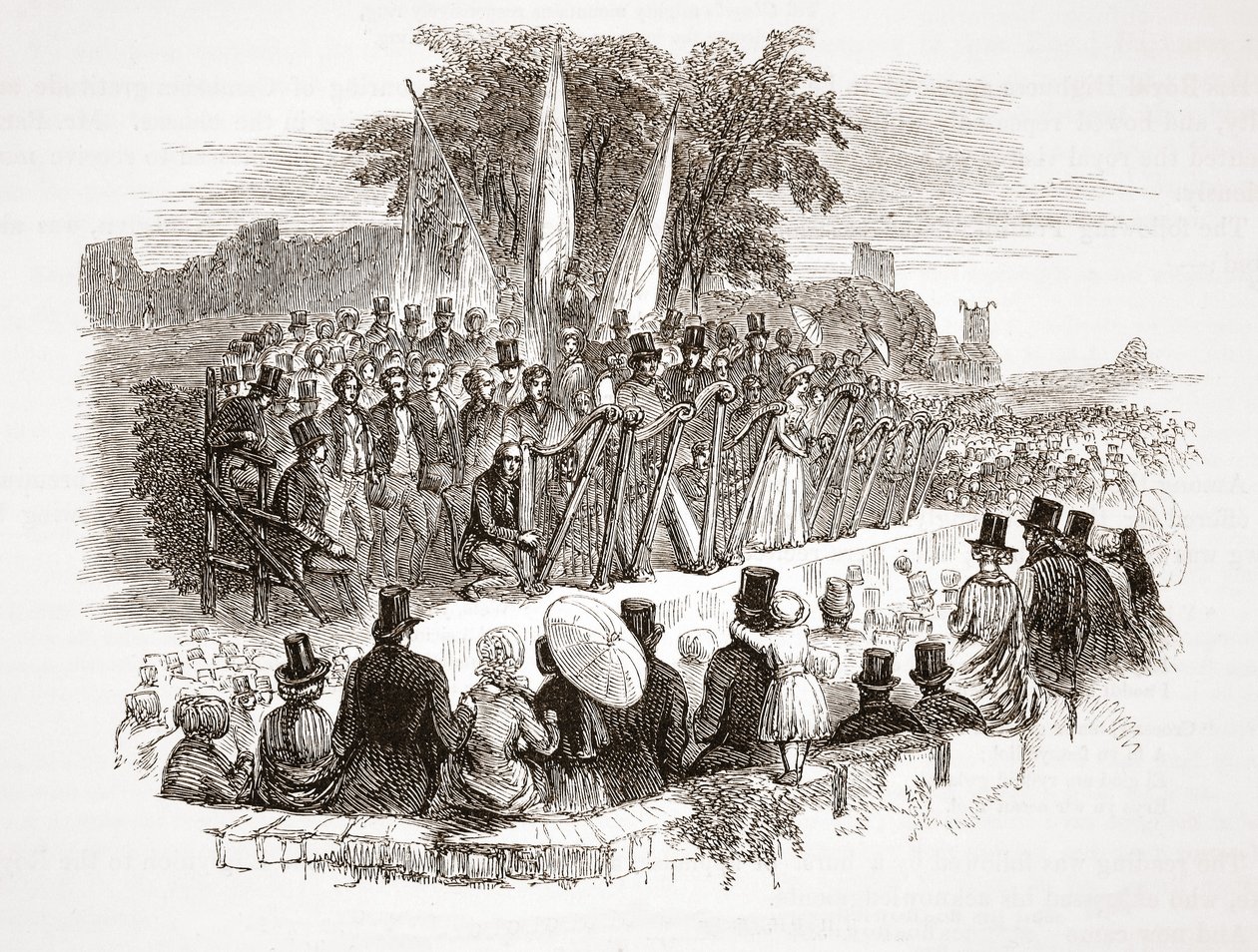 Konkurrence om Guldharpen på Royal Denbigh Eisteddfod, inden H.R.H. hertugen af Susses i 1828 (stålgravering) af English School