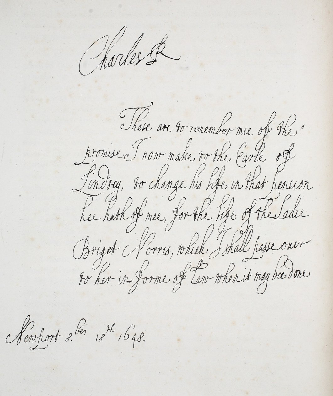 Kopi af et brev skrevet af Charles II, 1648 af English School