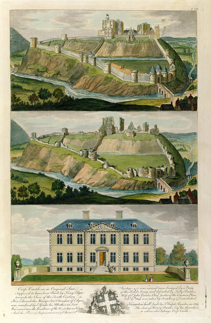 Corfe Castle i sin oprindelige tilstand, som en ruin, og Kingston Hall, sæde for Henry Bankes af English School