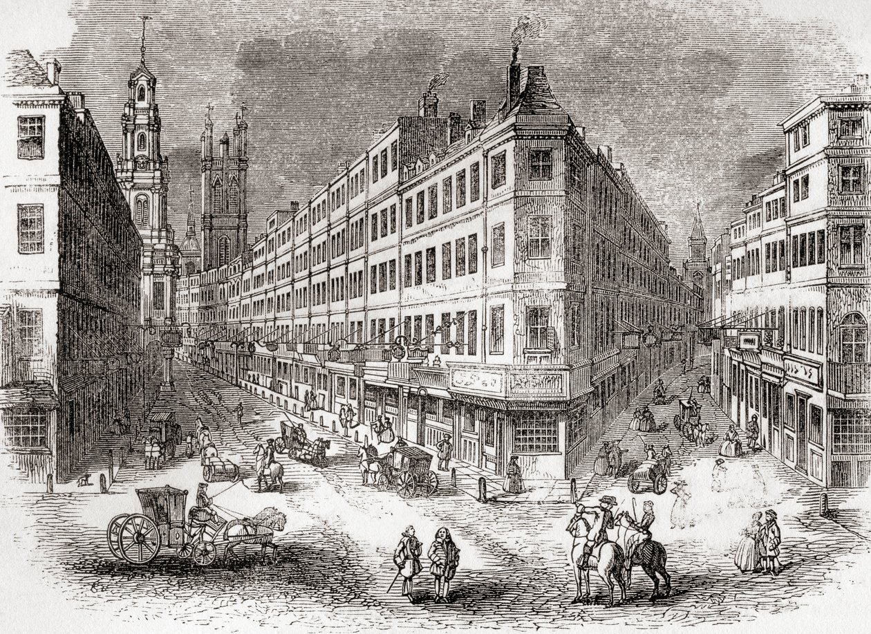 Cornhill, The Exchange og Lombard Street, London, England i midten af det 19. århundrede, fra Old England: A Pictorial Museum, pub. 1847 af English School