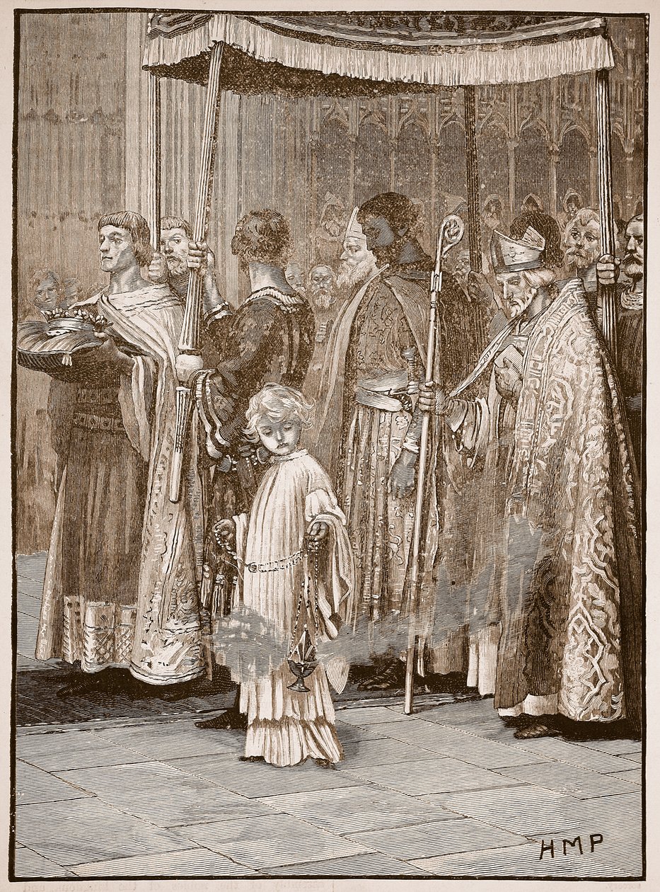 Kroning af Richard i Westminster Abbey: processionen langs midtergangen, illustration fra Cassells Illustrated History of England (sepiafoto) af English School