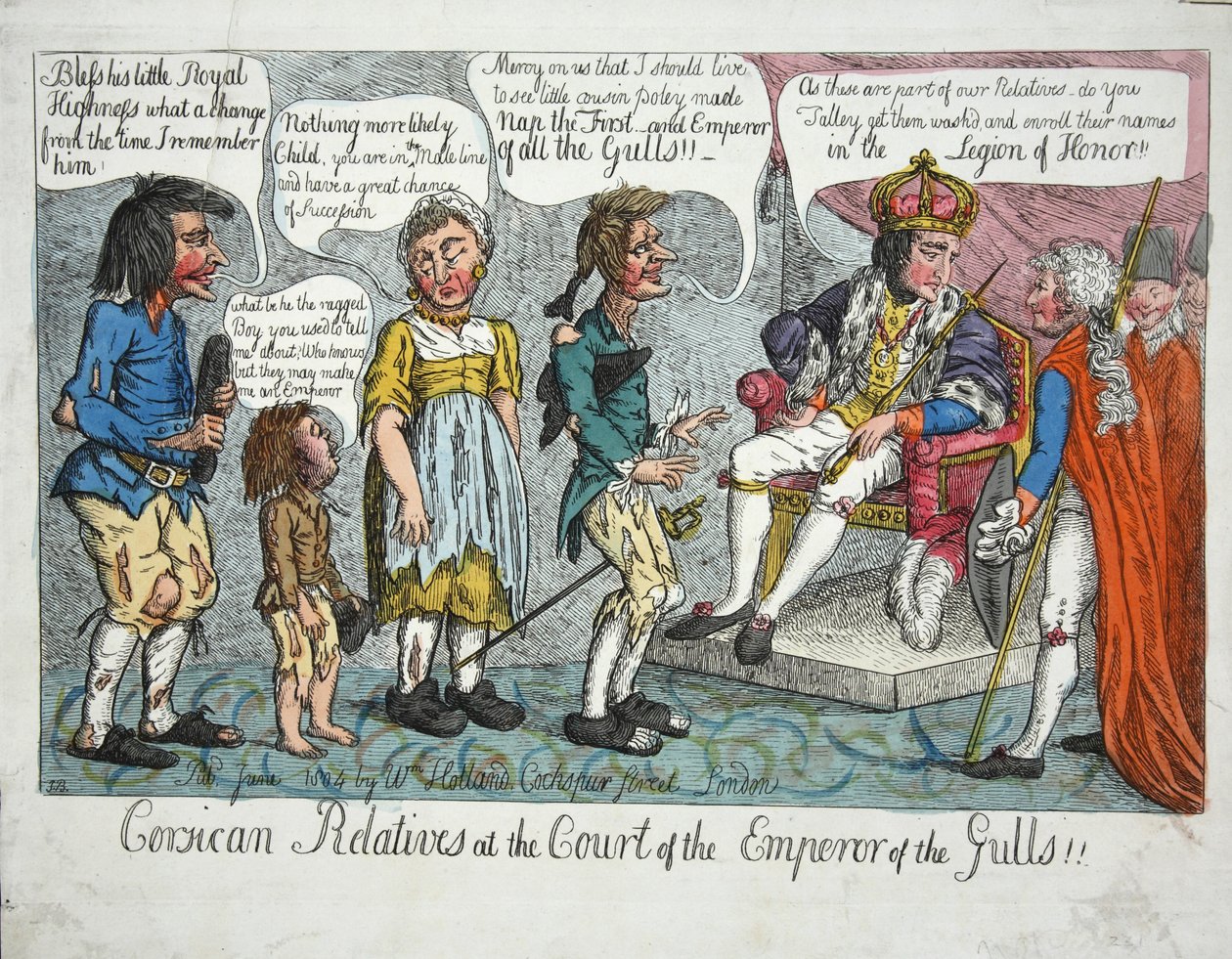Korsikanske ejendomsmæglere ved hoffet til kejseren af mågerne!!, pub 1804 (håndfarvet gravering) af English School