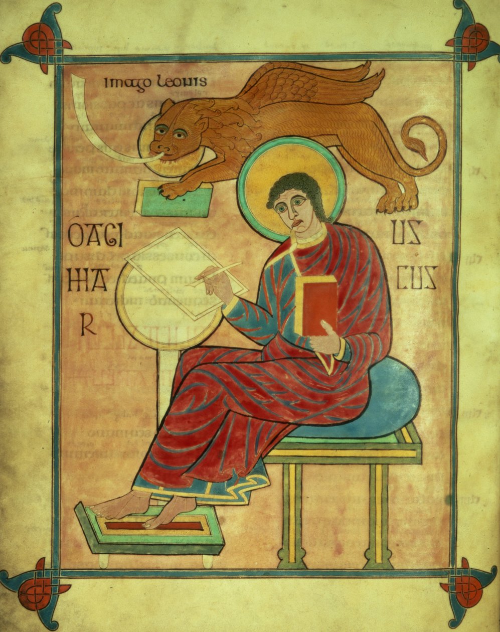 Cott Nero DIV f.93v St. Mark siddende med sit symbol, fra Lindisfarne-evangelierne, 710-721 (vellum) af English School