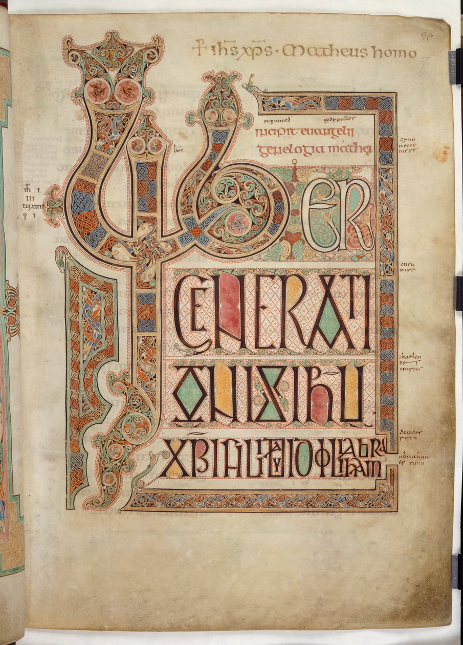 Cott Nero D IV f.27 Incipit side til St. Matthæusevangeliet med dekorerede bogstaver 