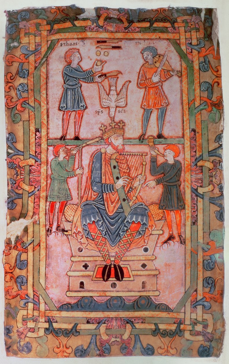 Cott Tib C VI f.30v David spiller på sin harpe, fra Tiberius Psalter, Winchester, c.1050 (vellum) af English School
