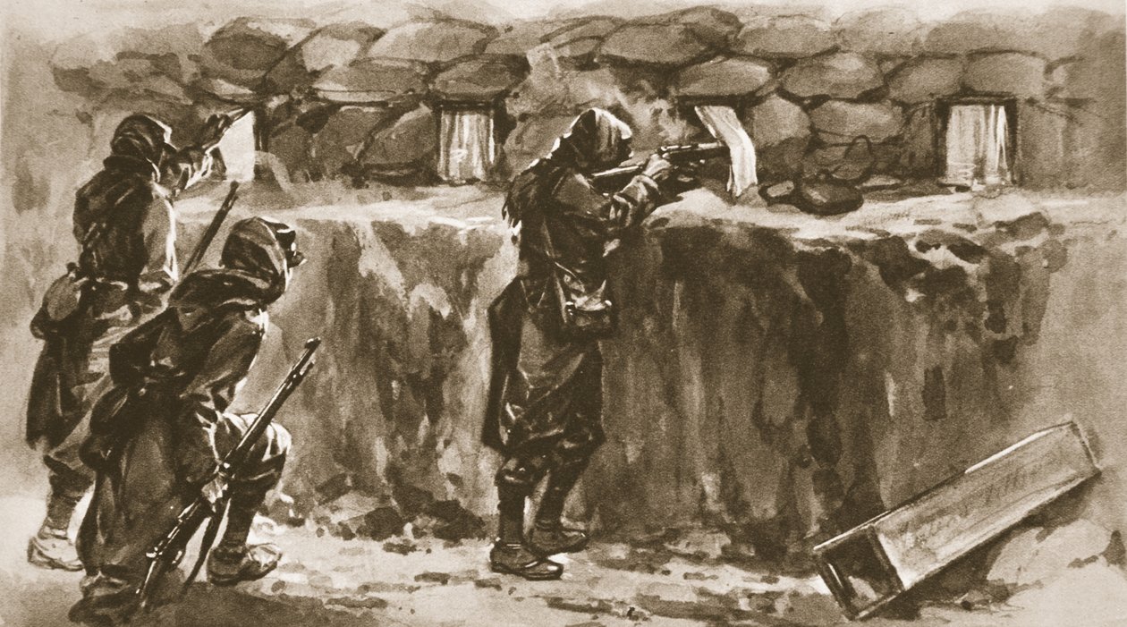 Sommerhusvinduesgardiner som skærme med smuthuller: En fransk redskab til at forvirre fjendens skarpretter, fra The Illustrated War News, 1915 af English School