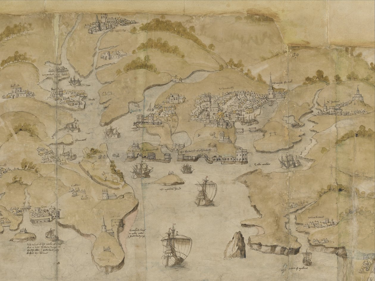 Bomuld Augustus I. i. 38 Kort over kysten mellem Fowey og Salcombe, inklusive Plymouth. Del af et panoramakort over kysten fra Lands End til Exmouth, ca. 1539 (blæk og farve på vellum) af English School