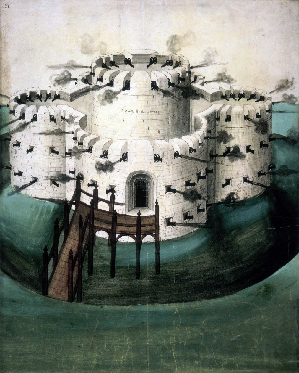 Cotton Augustus I i f.21, Design for Walmer og Sundown Castles ("A Castle for the Downes") af English School