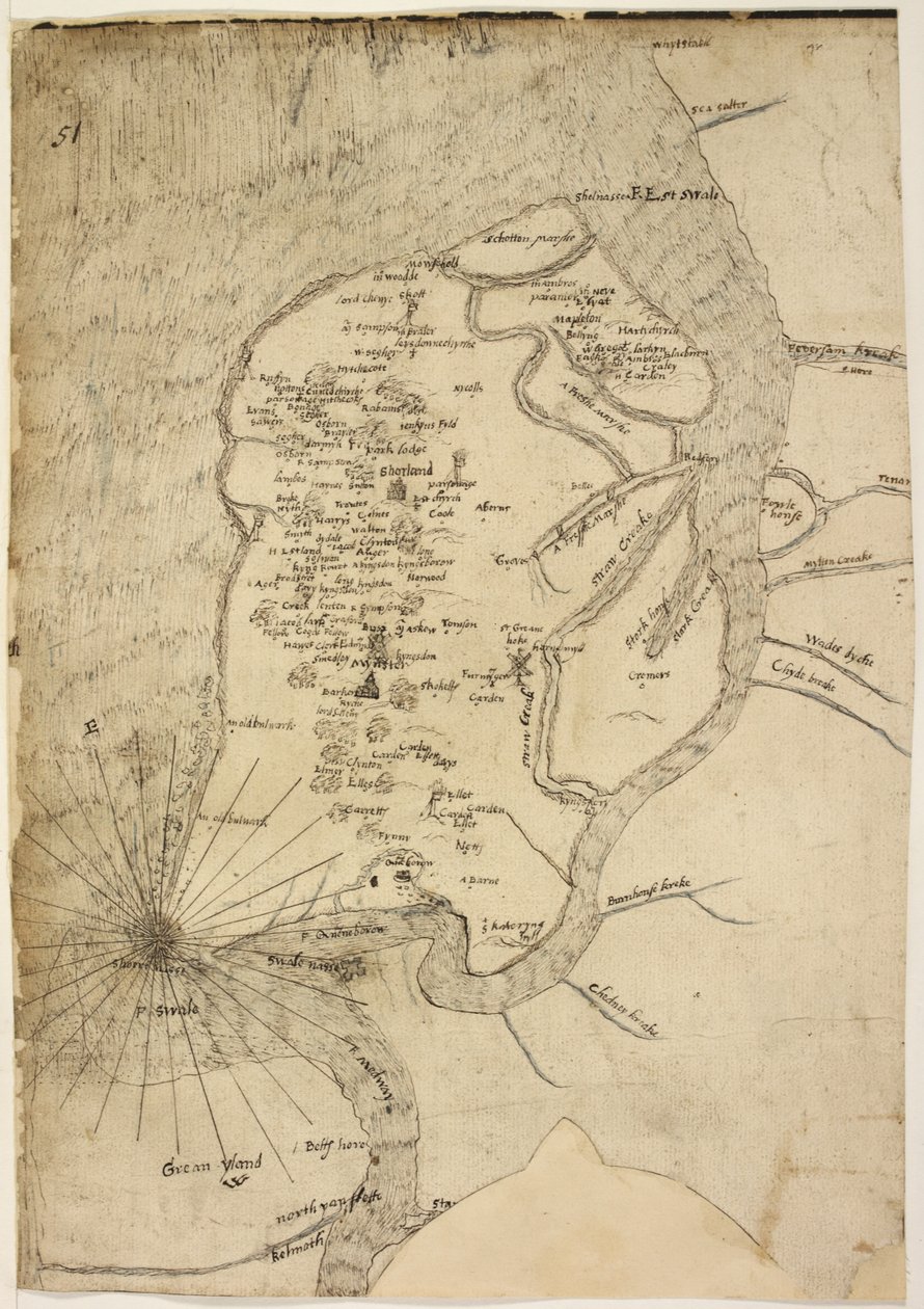 Bomuld Augustus I.i f.51 Kort over Isle of Sheppey tilskrevet kartografen Robert Lythe af English School