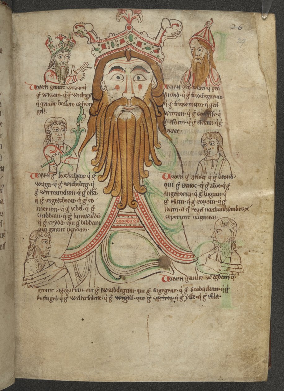 Cotton Caligula A. VIII, f.29 Tegning af Woden omgivet af hans efterkommere; i en traktat om Heptarchy, ca. 1153-66 (vellum) af English School