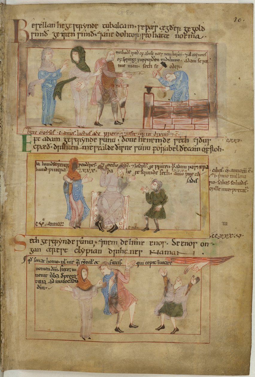 Cotton Claudius B IV fol.10 Lamech og hans to hustruer og hans søn, Tubalcain, smeden, på arbejde (vellum) af English School