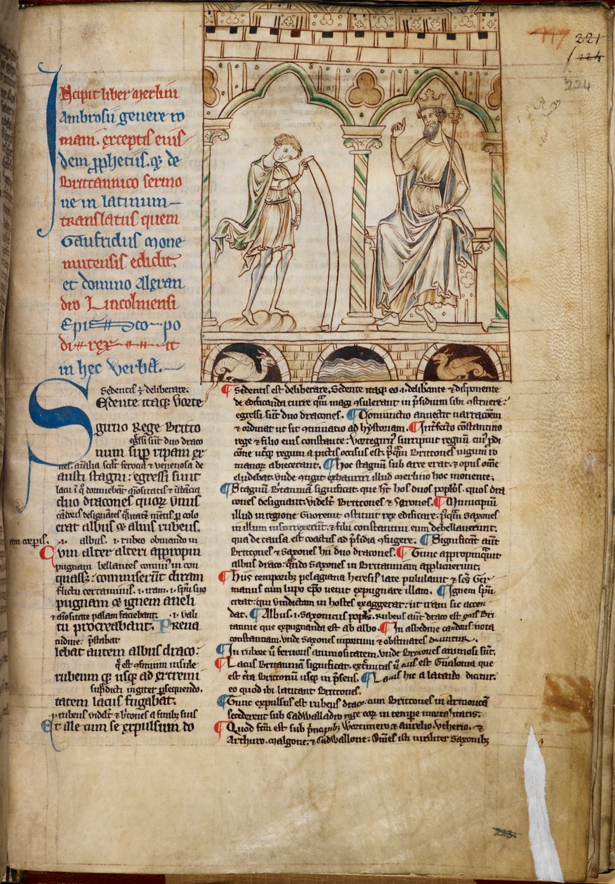 Cotton Claudius B. VII, f.224 Drengen Merlin profeterer før kong Vortigern, illustration fra 