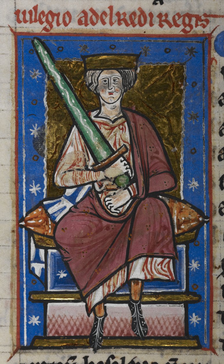 Cotton Claudius B. VI, f.87v Ethelred the Unready med sværd, fra 