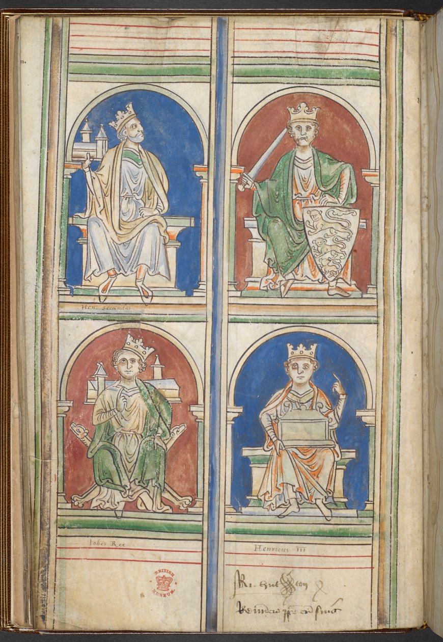 Bomuld Claudius D VI f.9v Fire konger af England: Henry II, Richard I, John and Henry III fra The Kings of England fra Brutus til Henrik III, af Matthew Paris, c.1250-59 (vellum) af English School