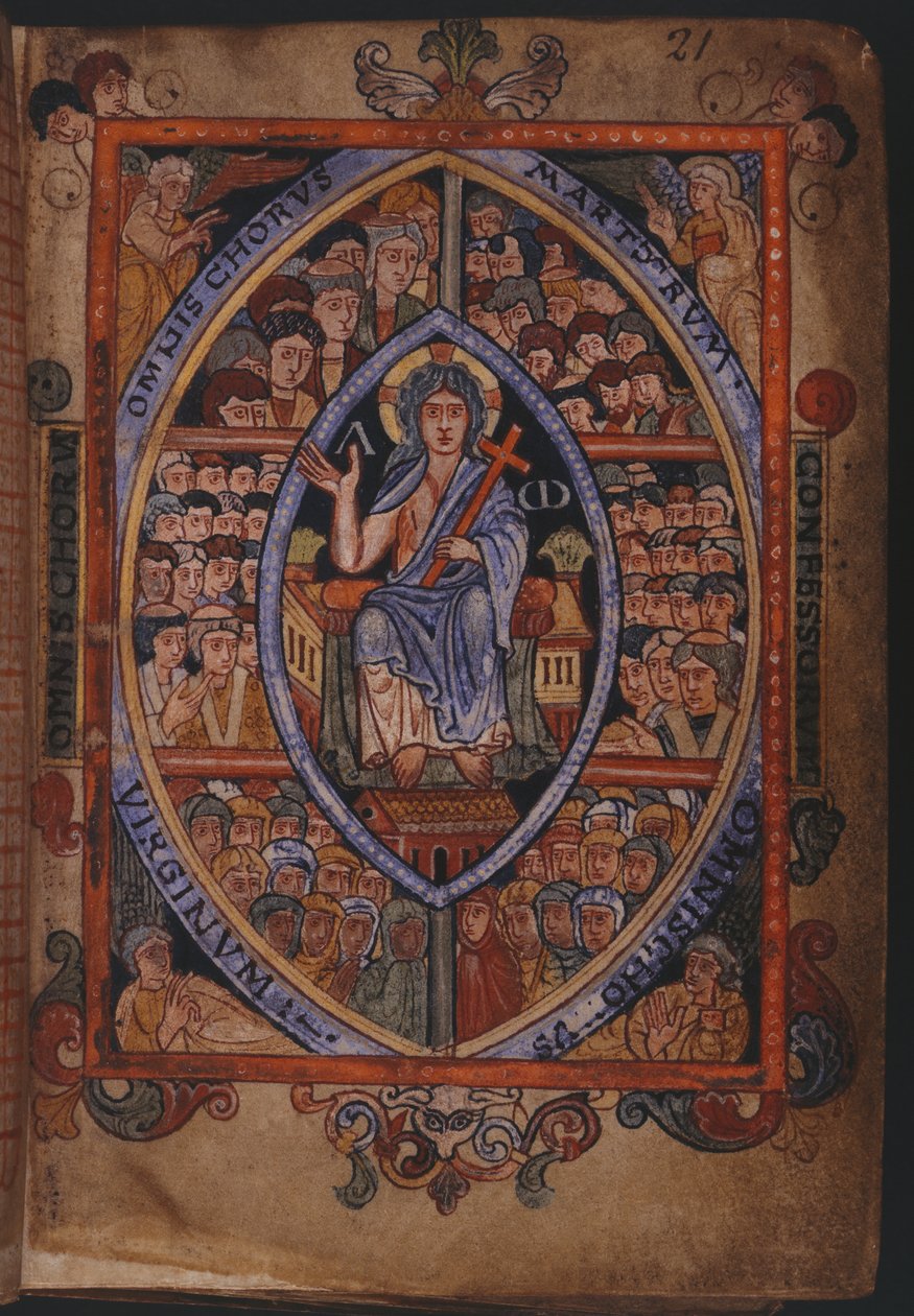 Cotton Galba A. XVIII, f.21 Kristus tronet med kor af martyrer, skriftefadere og jomfruer af English School