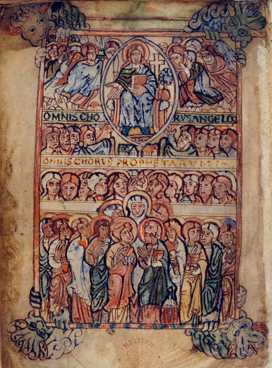 Cotton Galba A. XVIII, f.2v Kristus i Majestæt omgivet af lidenskabens redskaber og kor af engle og profeter, illustration fra 