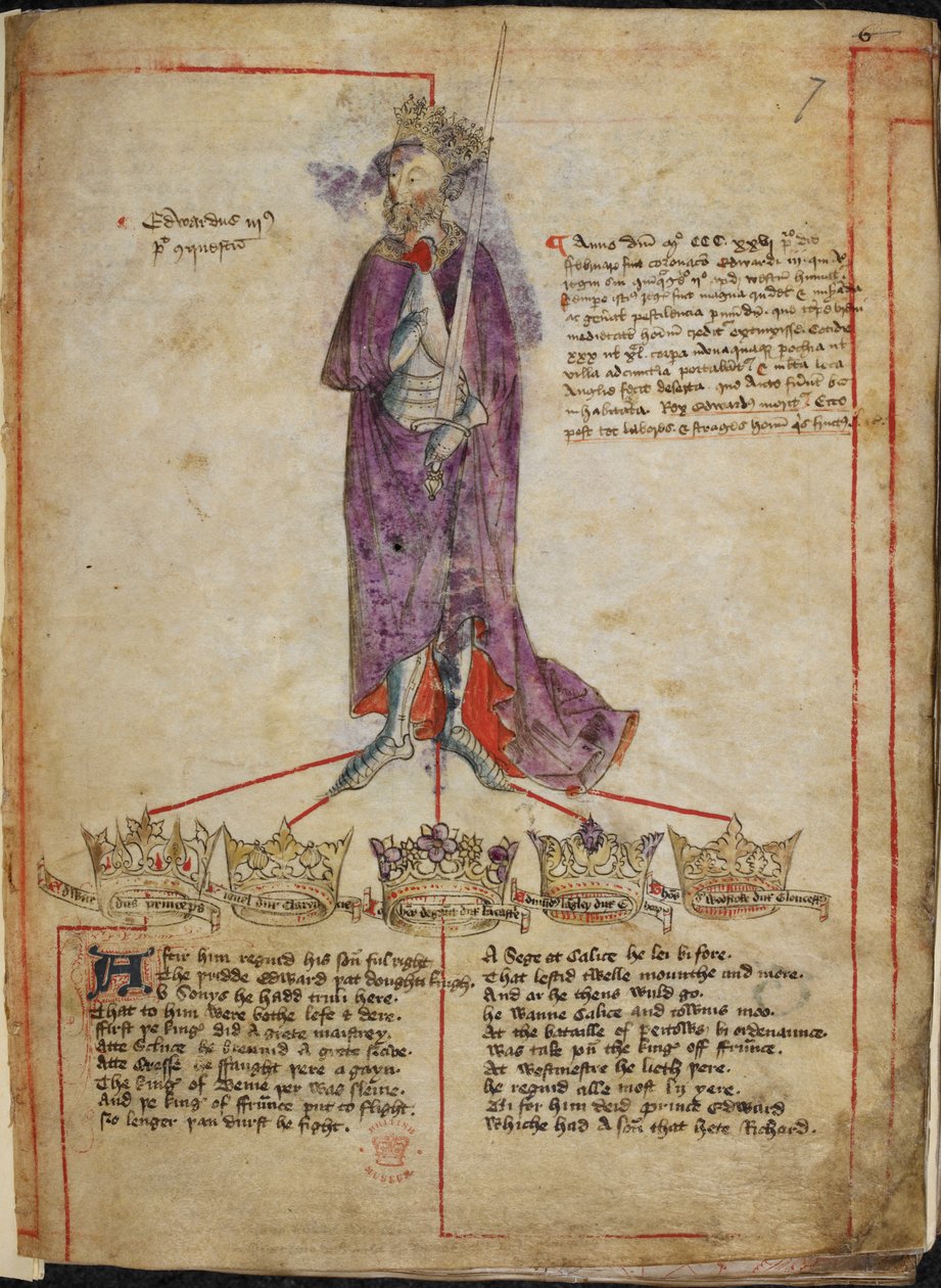 Bomuld Julius E. IV, f.7 Tegning af Edward III, med kort beretning om hans regeringstid, og linjer fra 