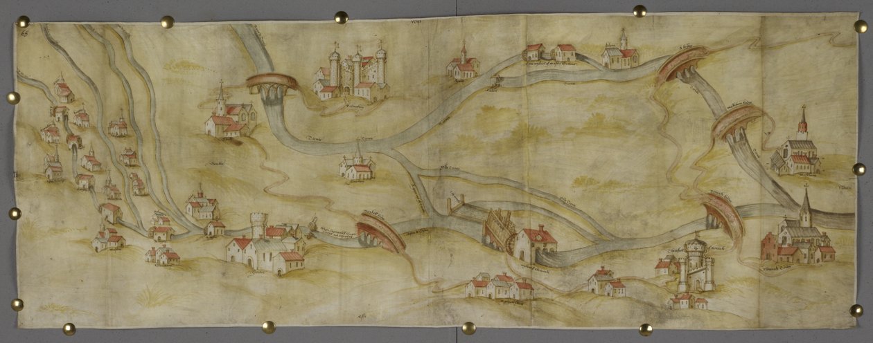 Bomuld MS Augustus I i 65 Kort over floden Trent og dens bifloder mellem Nottingham og Newark, ca. 1540 (pen og blæk med akvarel på papir) af English School