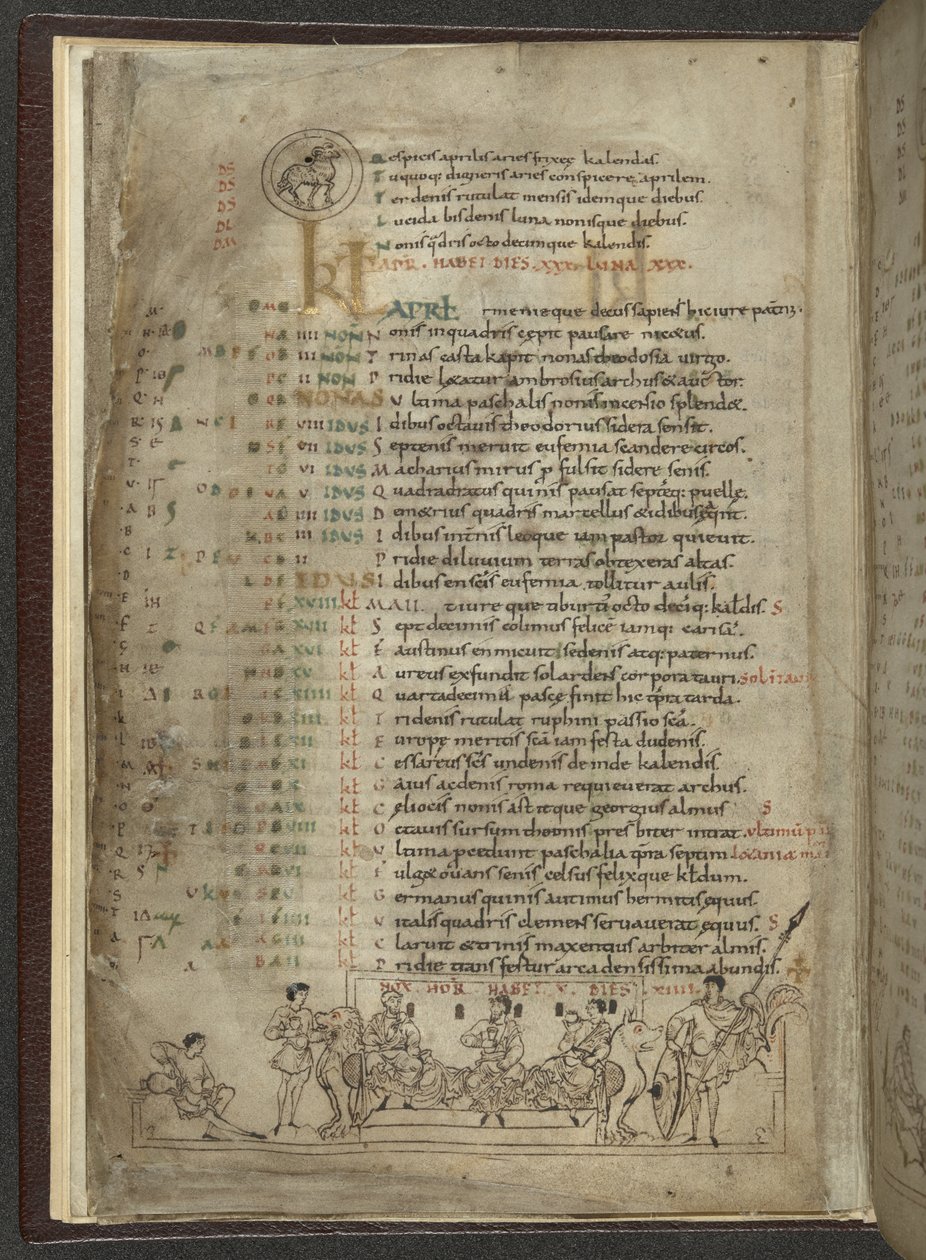 Cotton MS Julius A. VI, f.4v, kalenderside for april: Festscene med tre adelsmænd (vellum) af English School
