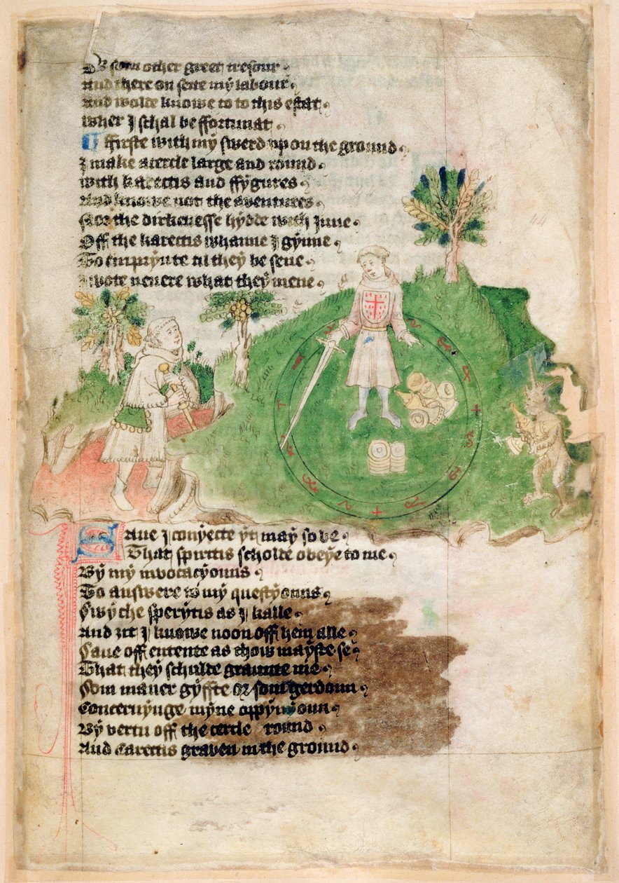Bomuld Ms Tiberius A vii fol.44 Dæmoner bringer skatte til en tryllekunstner (vellum) af English School