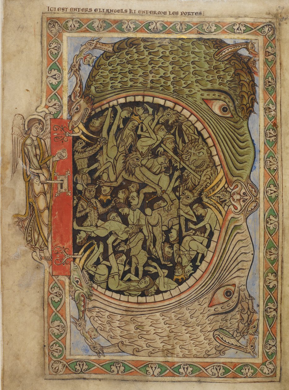 Bomuld Nero C IV f.39 Helvedes kæber fastgjort af en engel, fra Henrik af Blois