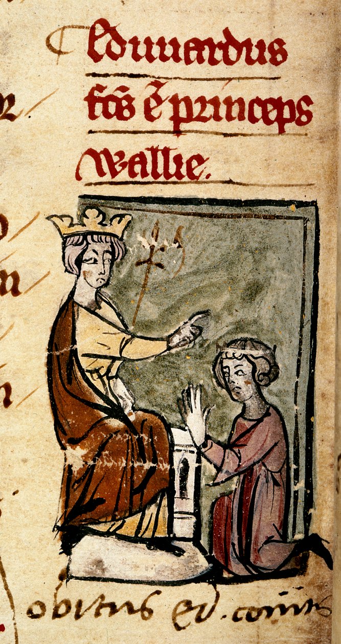 Cotton Nero D. II, f.191v Edward af Caernarvon (Edward II) skabte Prince of Wales og Earl of Chester af sin far, kong Edward I, i Lincolns parlament, 7. februar 1301, fra 