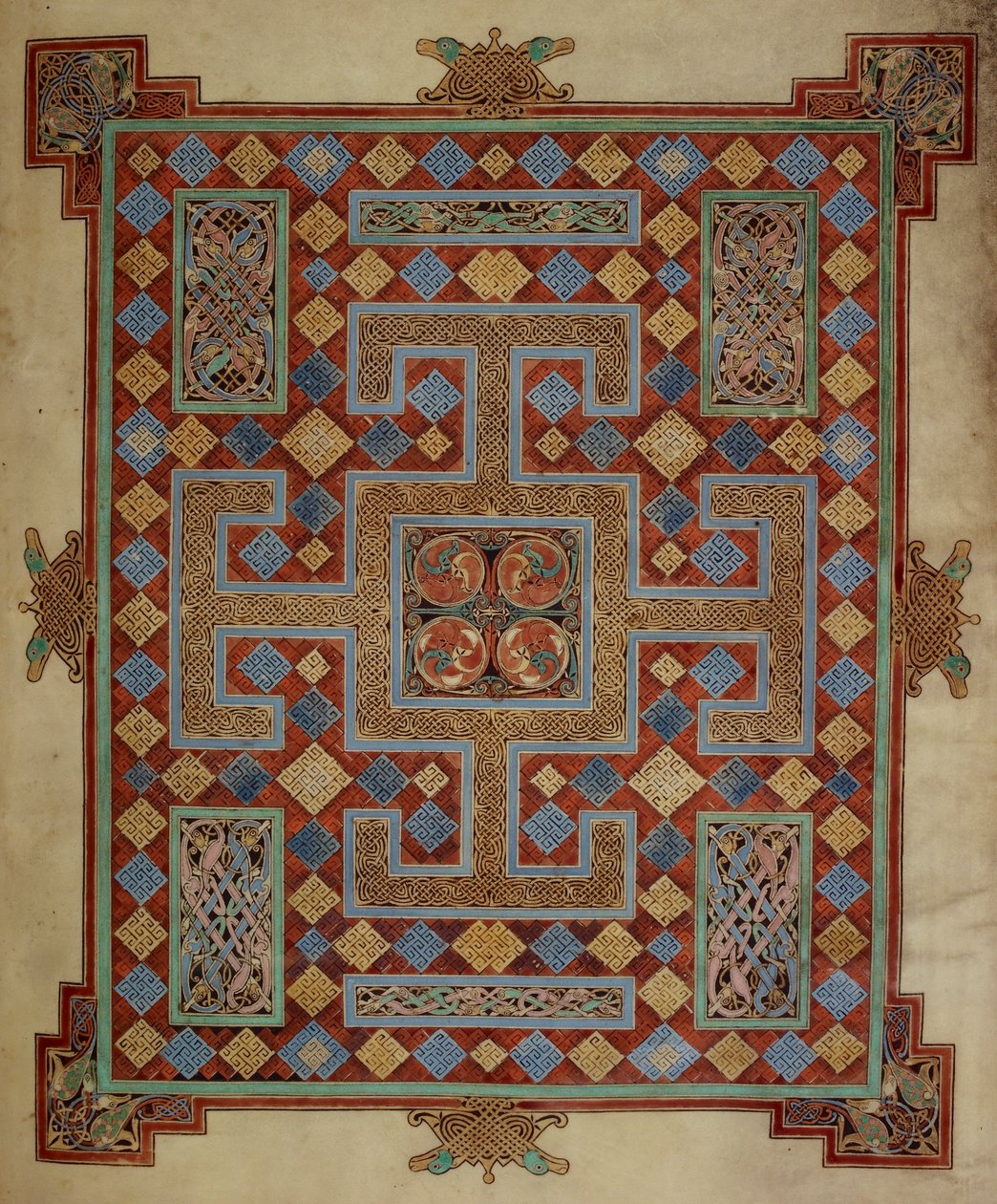 Bomuld Nero D. IV, f.138v Tæppeside, der introducerer St. Lukas-evangeliet, fra Lindisfarne-evangelierne, 710-21 (vellum) af English School