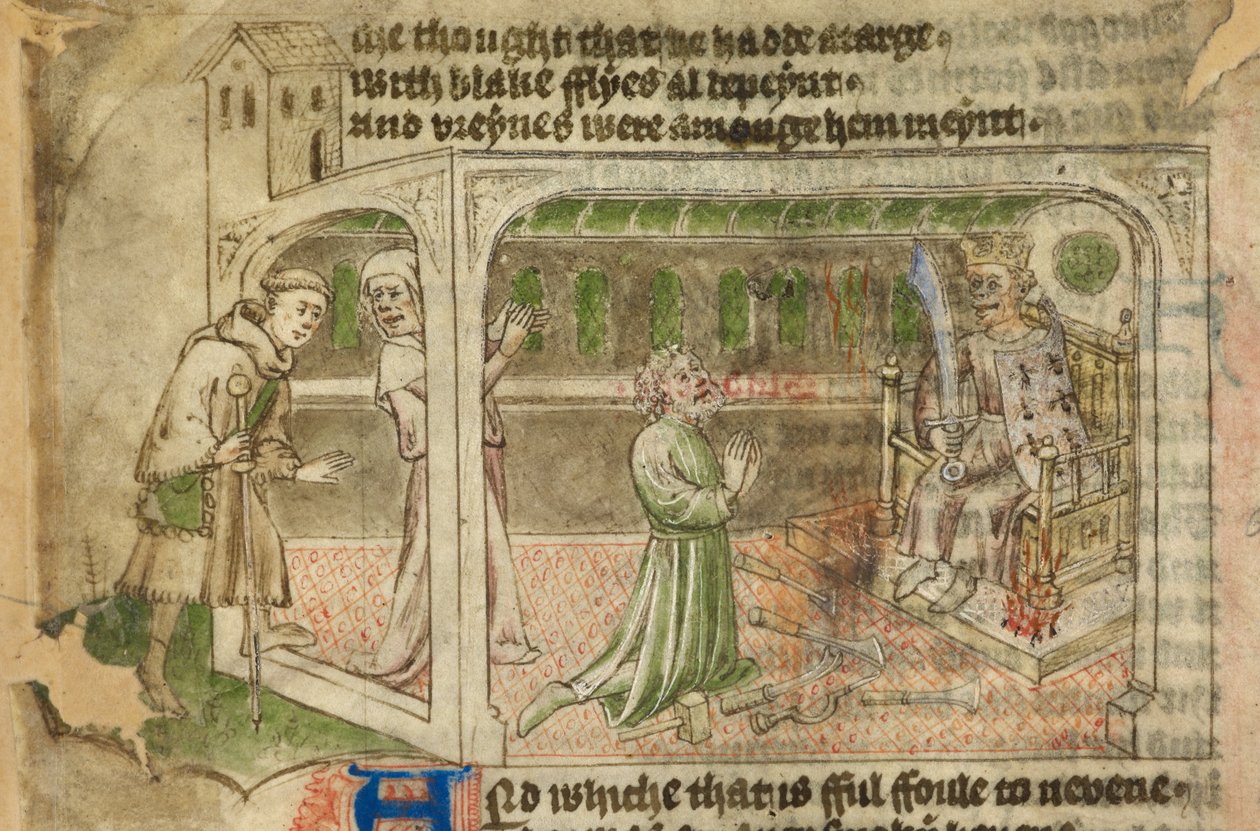 Bomuld Tiberius A. VII, f.65v, Afgudsdyrkelsens Hus, med pilgrimmen der kommer ind og en mand, der tilbeder et kronet afgud (vellum) af English School