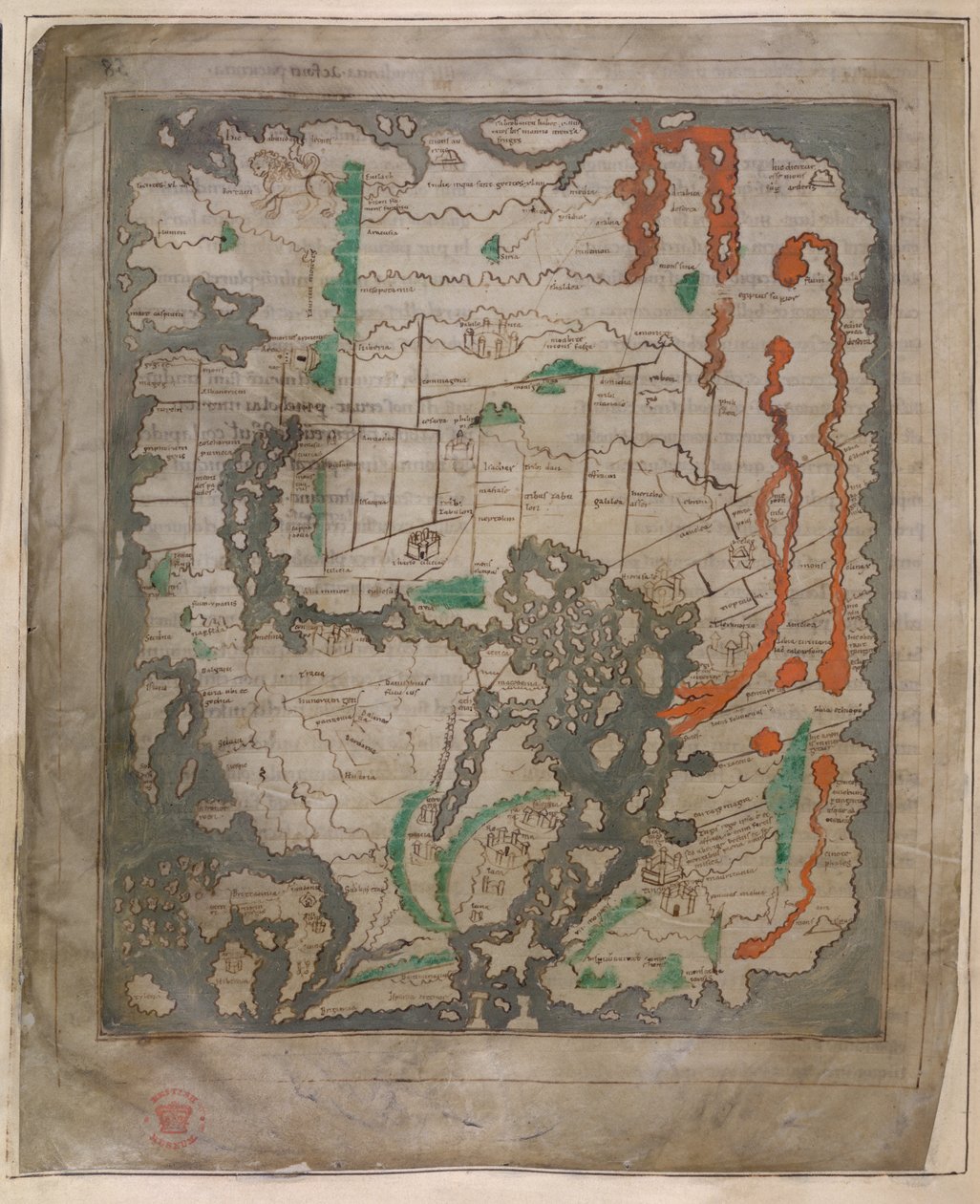 Cotton Tiberius B.V, Part 1, f.56v The Tiberius Map, Mappa Mundi (vellum) af English School