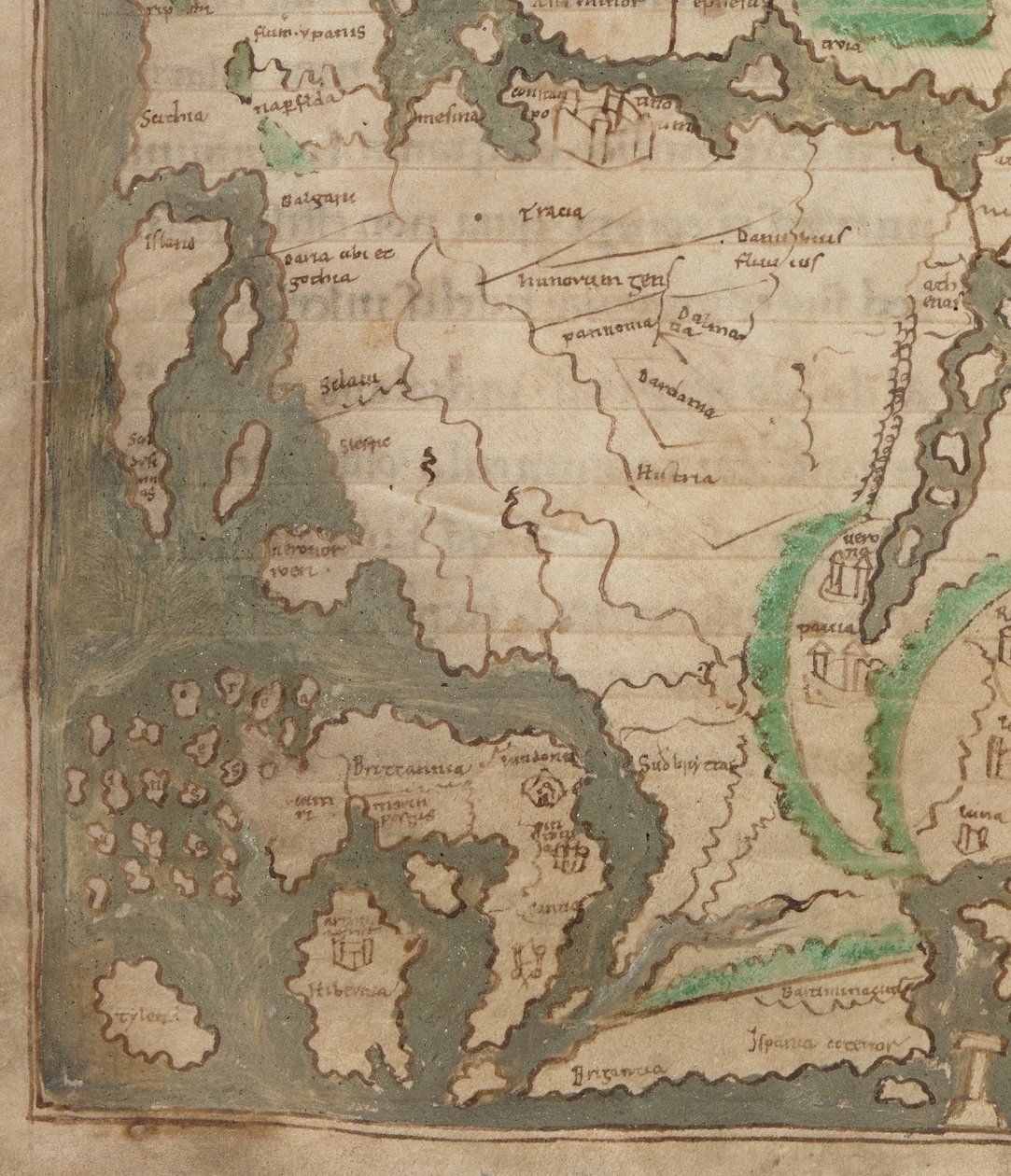 Cotton Tiberius B.V, del 1, f.56v The Tiberius Map, Mappa Mundi, detalje af Vesteuropa og de britiske øer (vellum) af English School