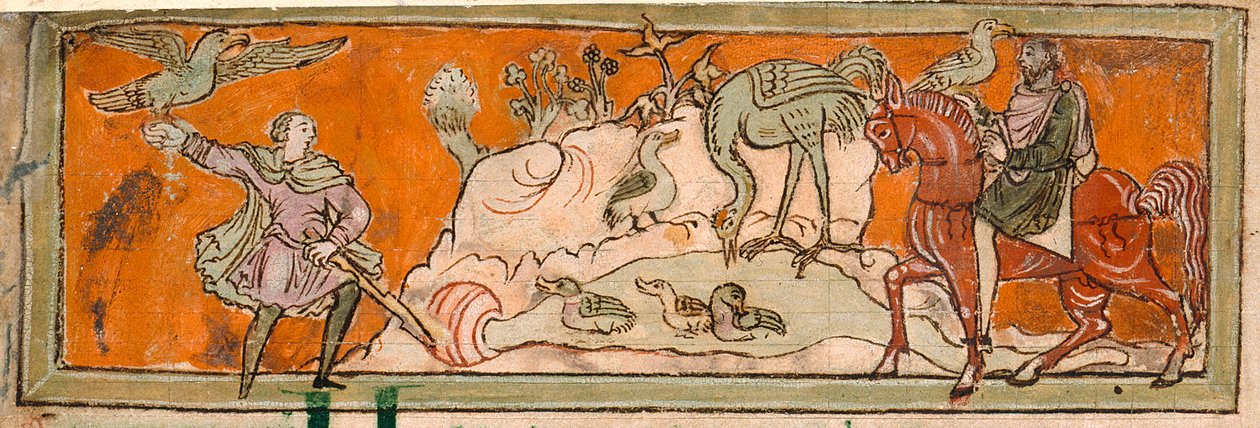 Bomuld Tiberius B. V, del 1, f.7v Jagt med falken, Illustration til oktober fra en 