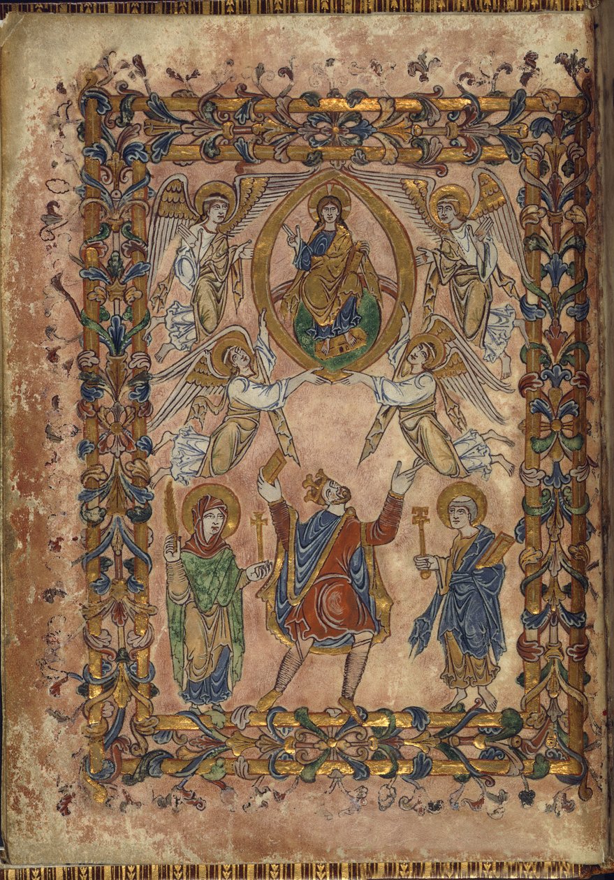 Bomuld Vespasian A. VIII, f.2v Edgar tilbyder charter til Kristus, illustration fra 