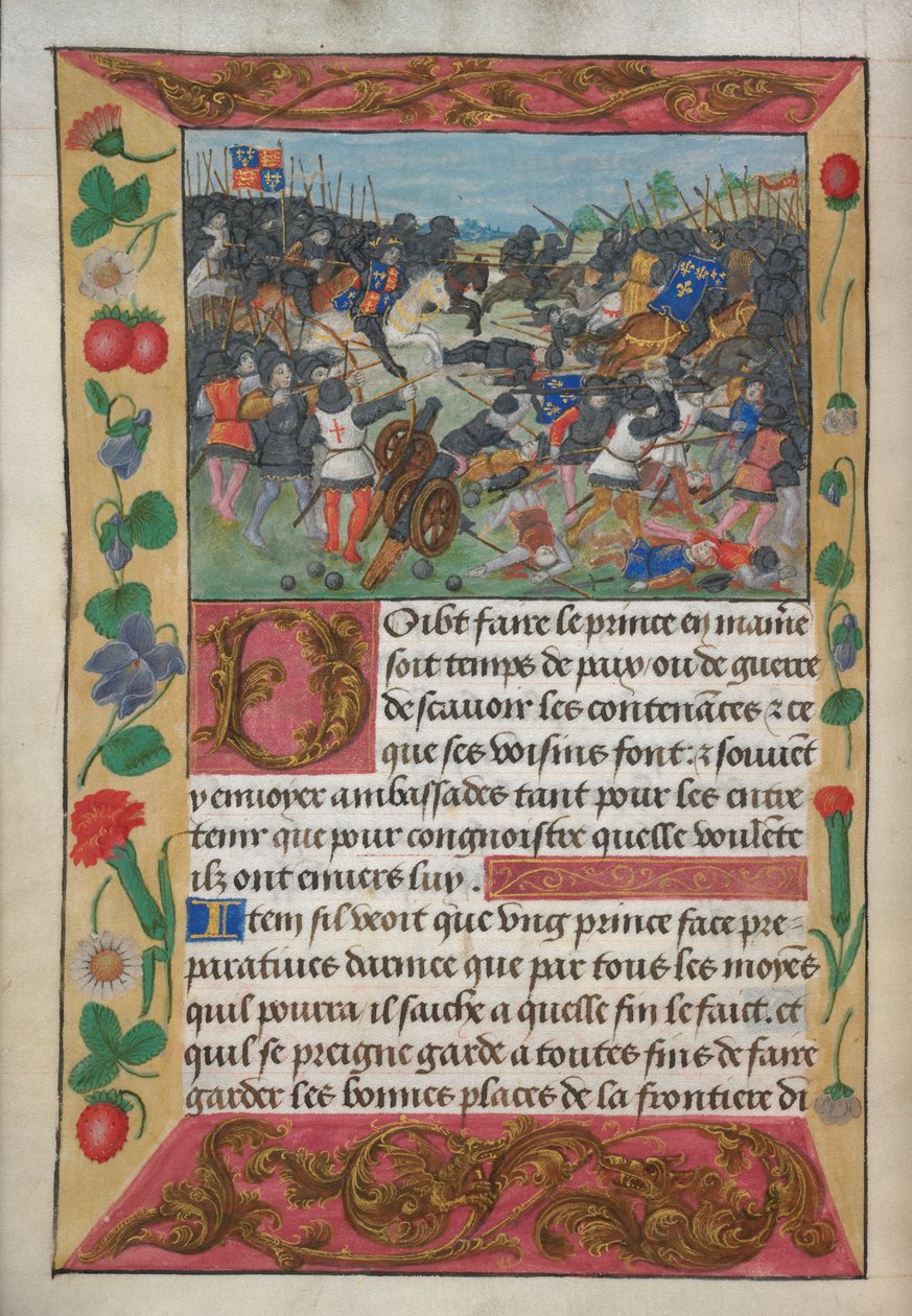 Bomuld Vespasian A xvii, f.13v, Kongen af England rejste på en hvid hest og jagtede den flygtende konge af Frankrig, fra Robert de Balsacs Manual on Warfare for the Instruction of a Prince, c.1490